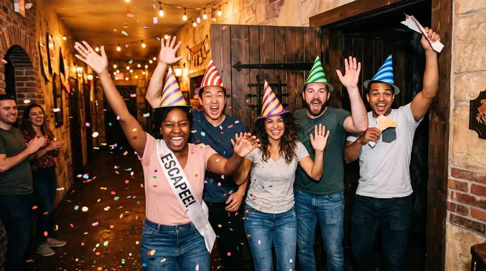 Birthday group in party hats celebrating their escape at Escape London