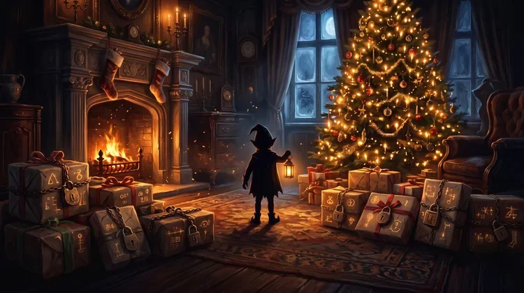 The Great Christmas Lock-Up festive escape room in Islington, North London — Christmas sitting room with locked presents