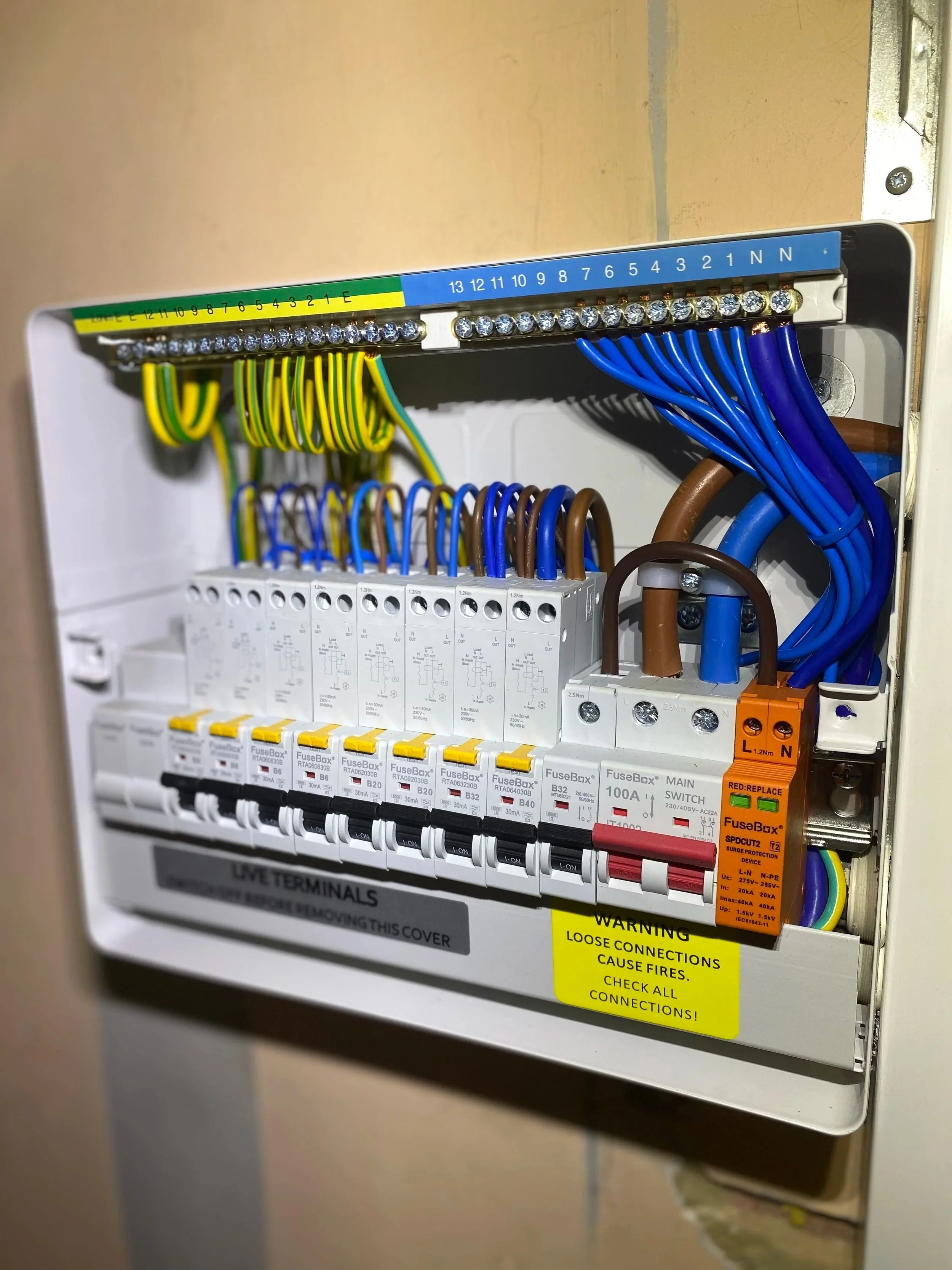 Electrical Consumer Unit, with circuit breakers, RCBOs And Surge protection device.