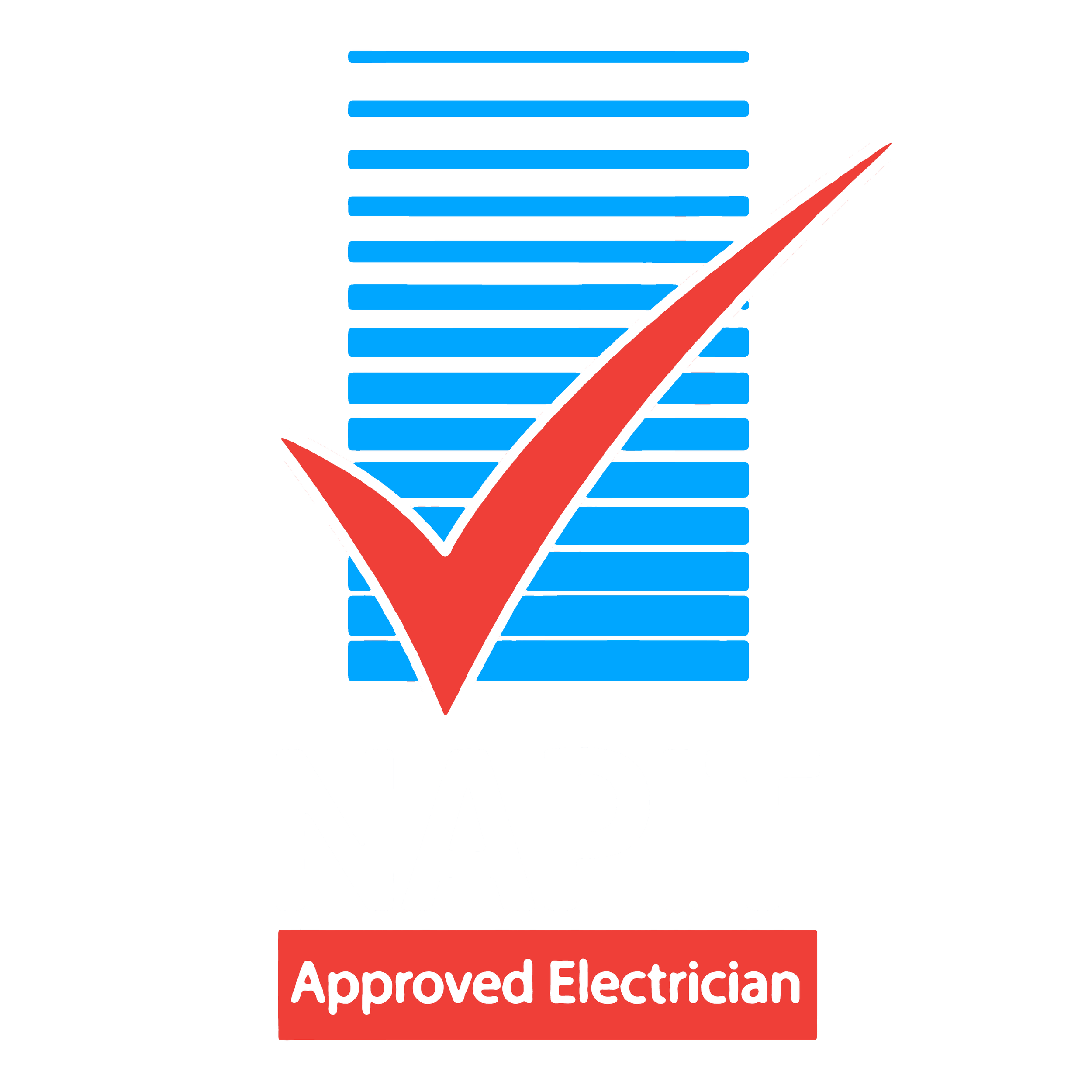 A sign indicating approval and certification for an electrician with a red banner that says "Approved Electrician" underneath a black logo with a blue check mark and the words "NICEIC Approved Electrician".