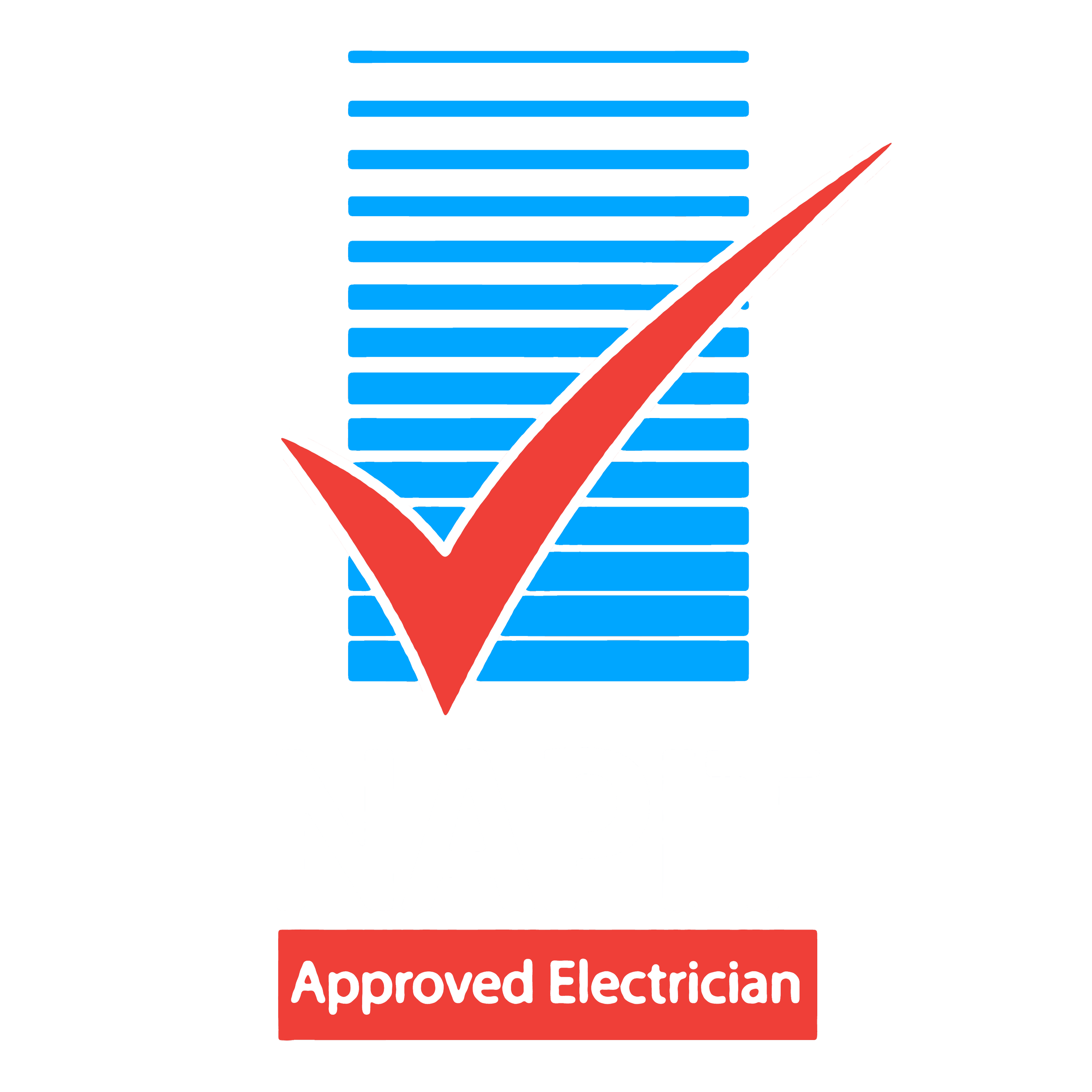 A badge with the text "NAD Approved Electrician" in white on a red background, with a checkmark symbol and a blue and white striped design.