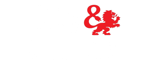 Logo with the words 'City & Guilds' in white font on a black background, with a red lion symbol between the words.