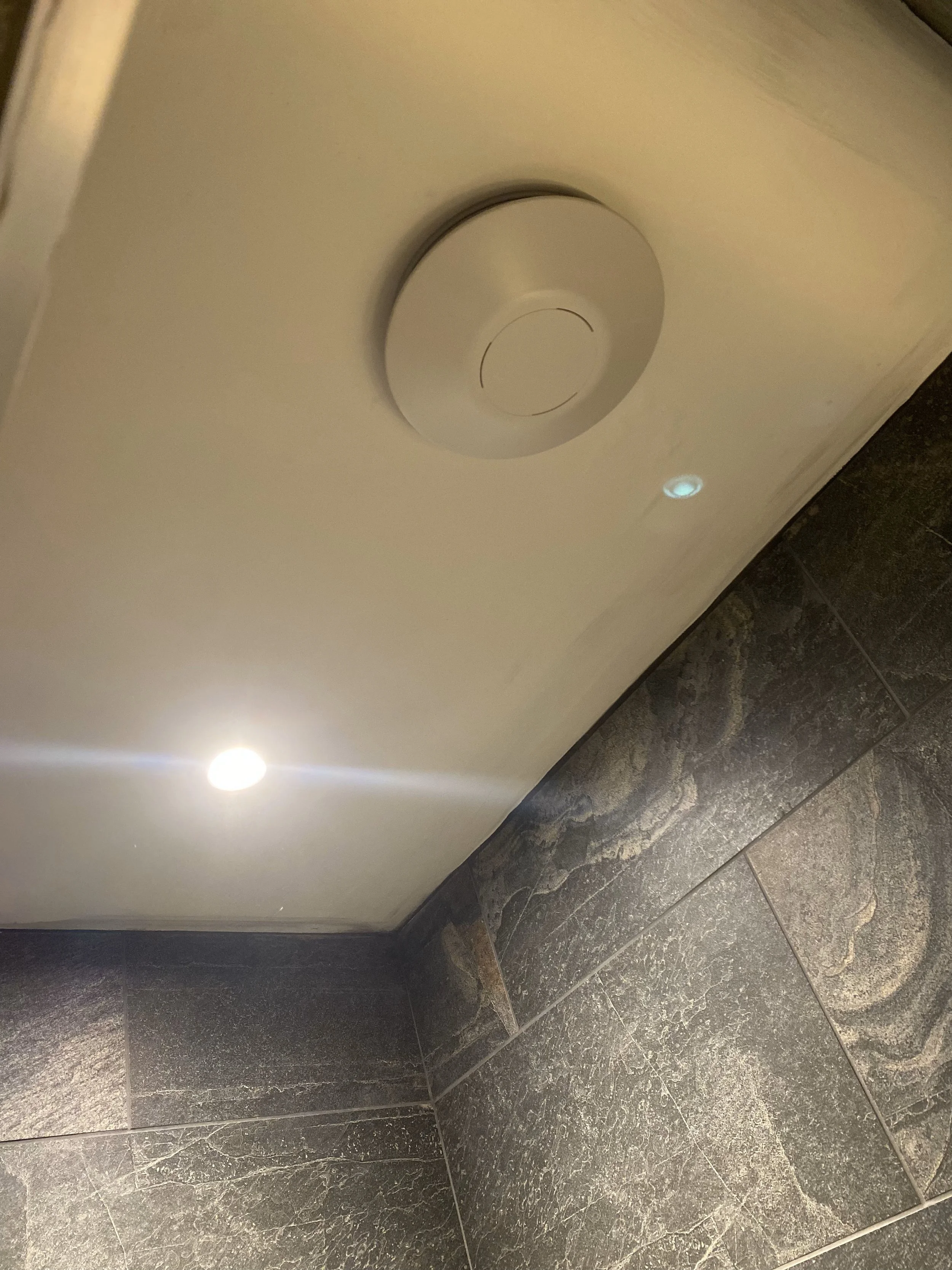 The image shows a white toilet paper dispenser mounted on a beige tiled bathroom wall, with a small round blue night light or indicator light nearby. The floor is covered with dark gray stone tiles.