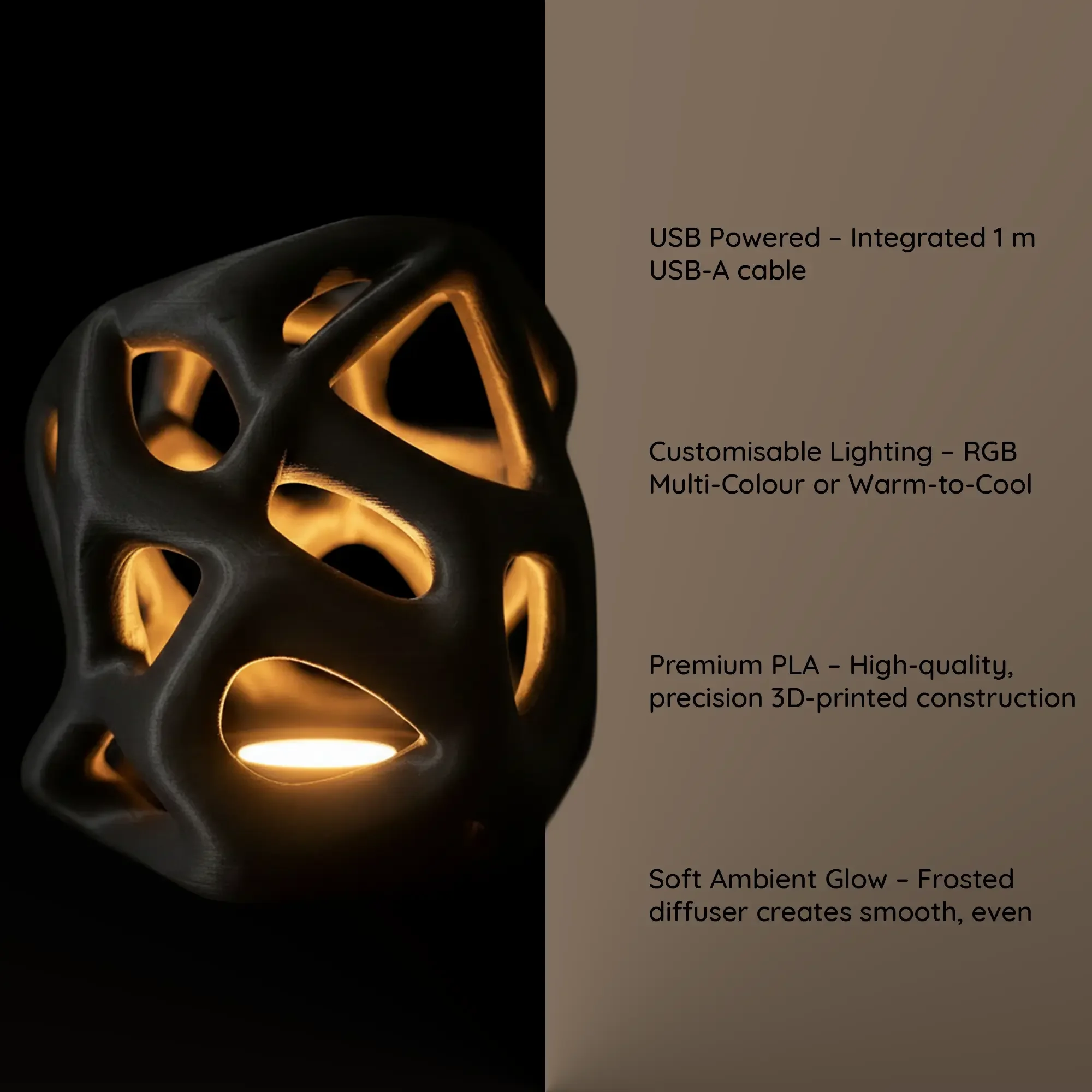 An infographic featuring an organic black 3D-printed desk lamp glowing with warm light against a split black and beige background