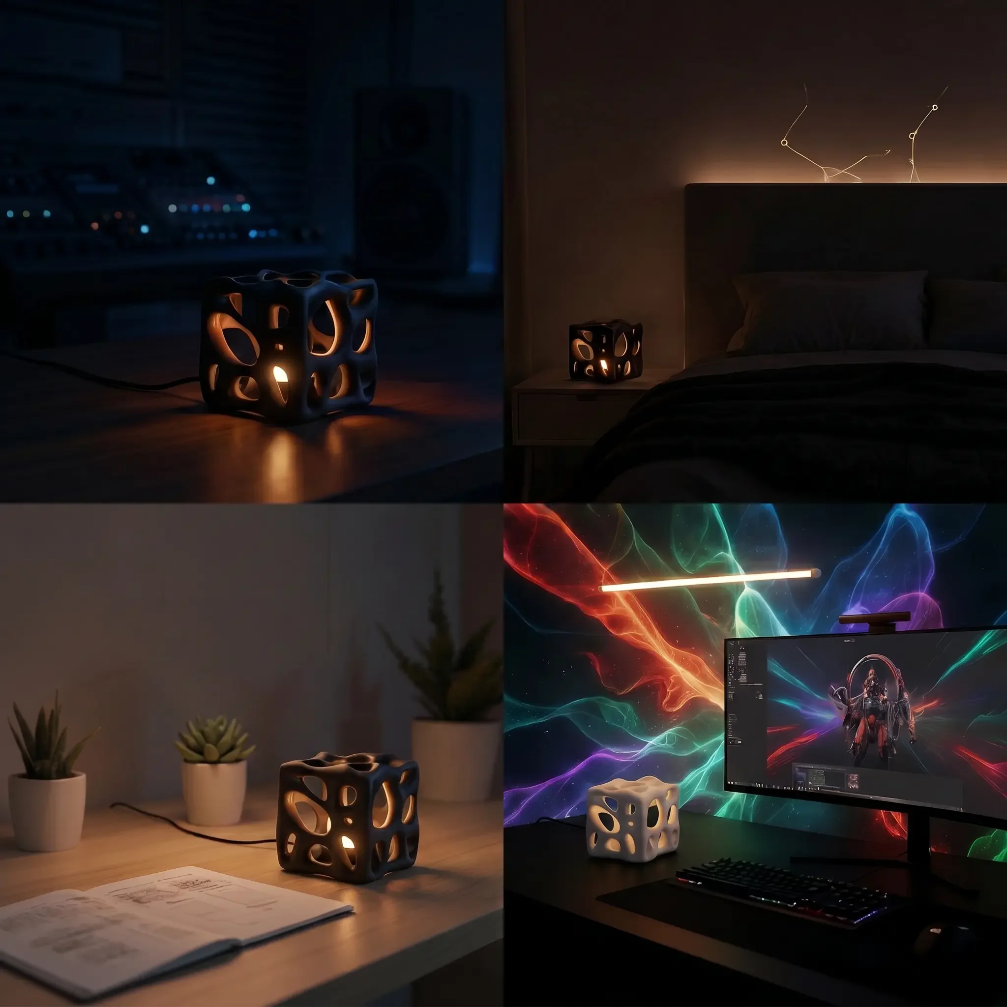 Collage of four interior settings featuring the sculptural black desk lamp creating warm ambient lightingwebp
