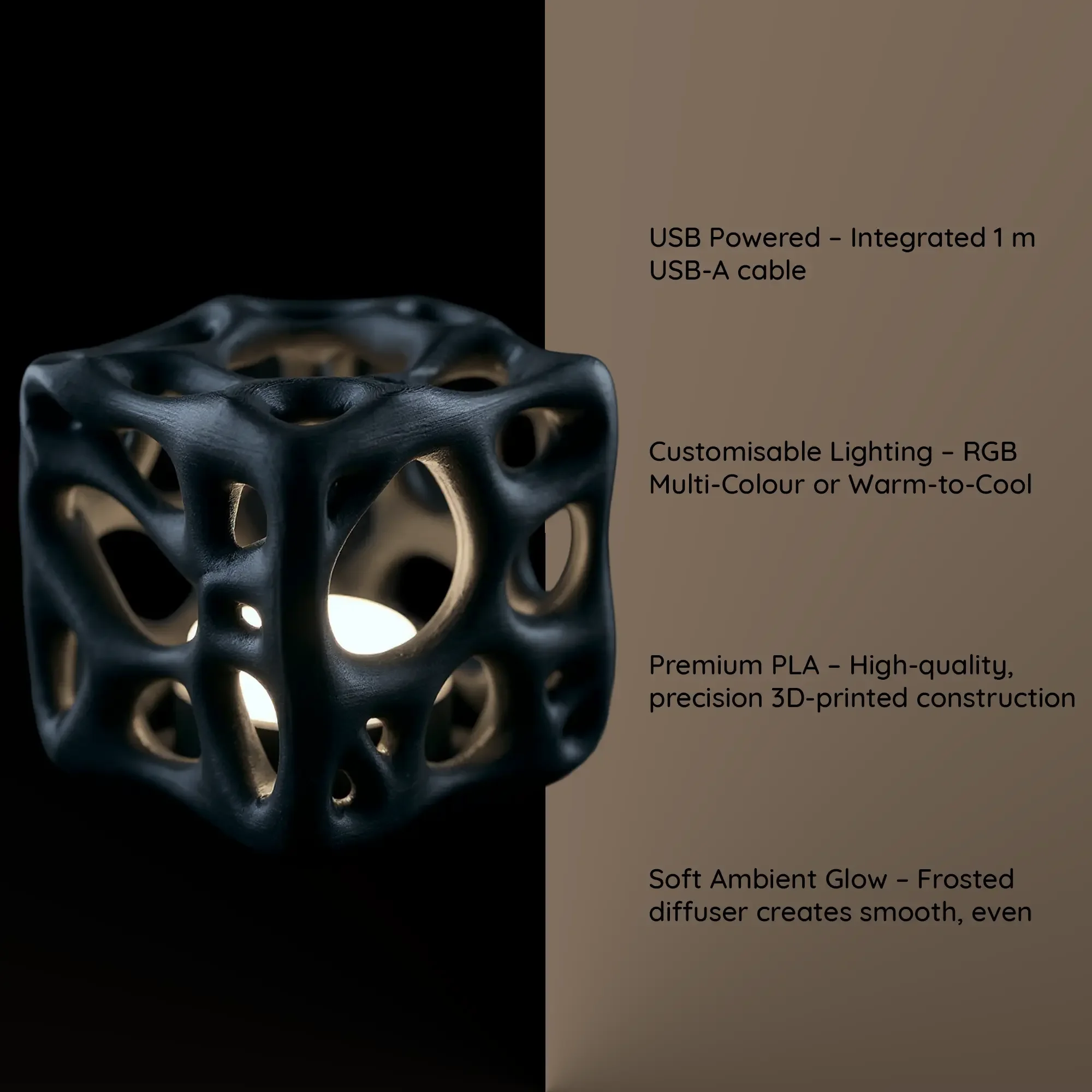 Infographic highlighting the desk lamp's organic lattice design, warm LED lighting, 3D-printed construction, and ambient shadow effectswebp