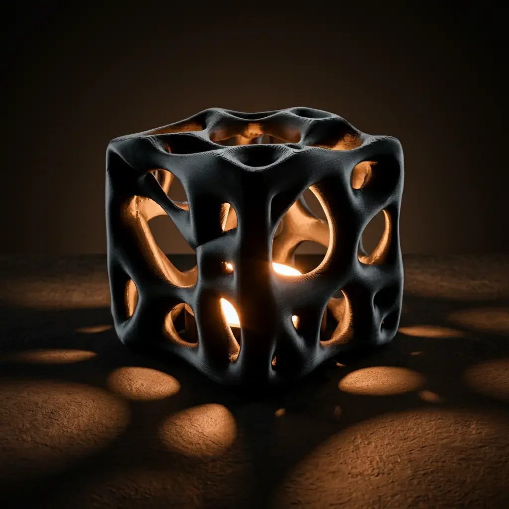 Contemporary black desk lamp featuring a sculptural organic lattice shade that casts decorative ambient light and shadows.webp