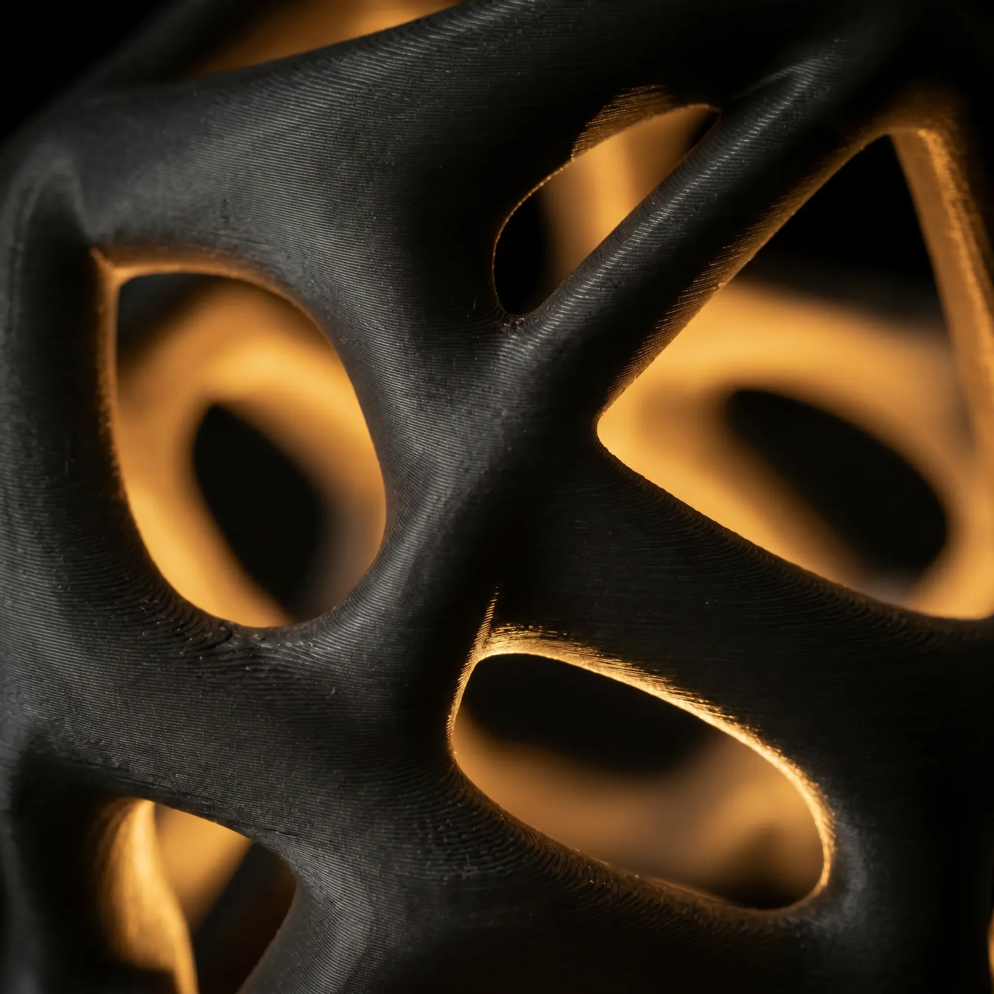 An extreme macro photograph highlighting the detailed layers and textured finish of a black 3D-printed voronoi-style lamp cage, backlit by a warm golden glow