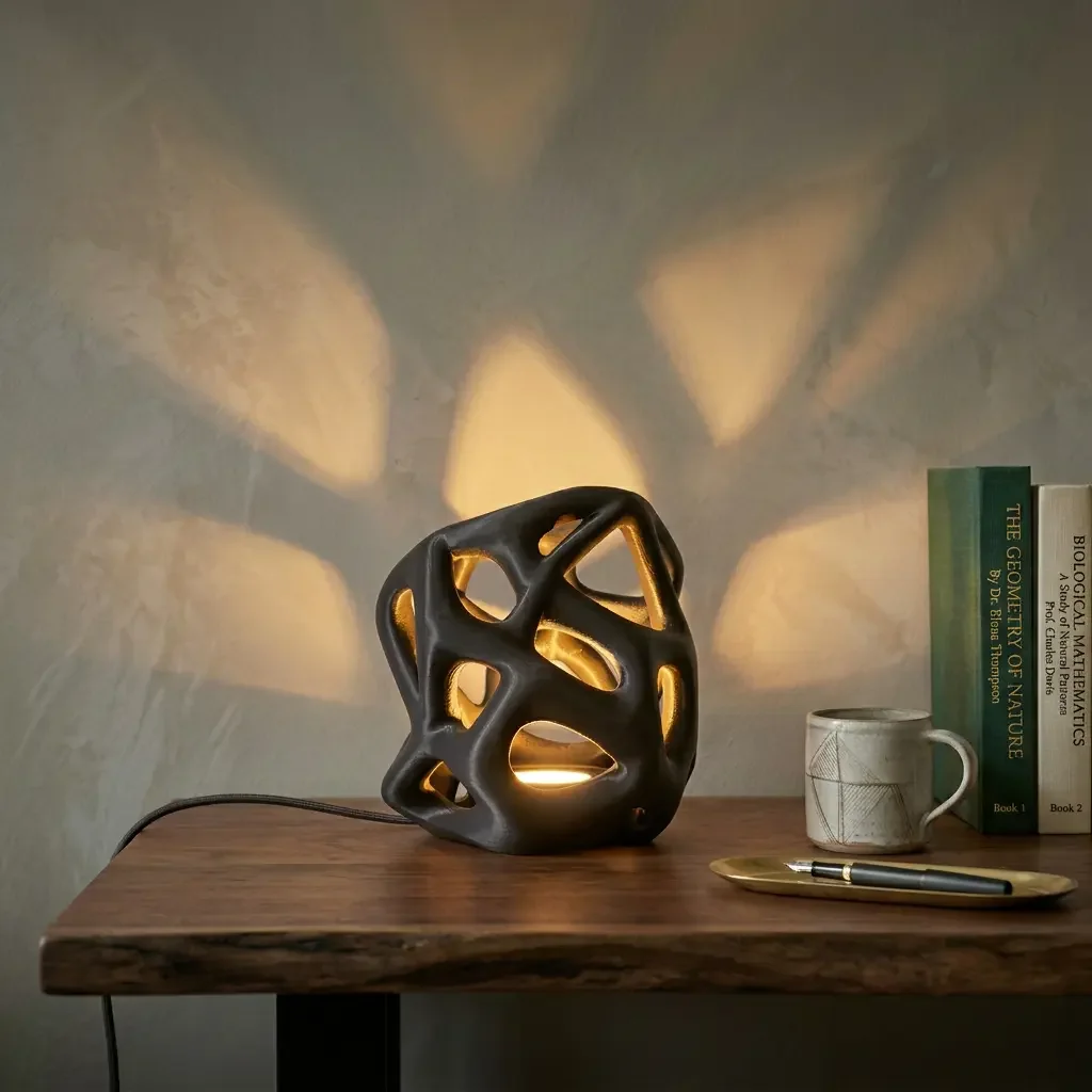 A black organically-shaped lattice desk lamp sits glowing on a wooden table, casting a fan-like ambient shadow pattern onto a concrete wall.