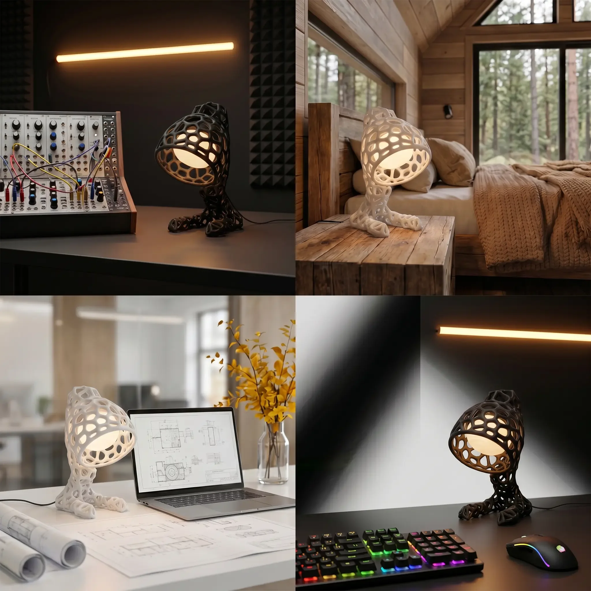 A four-panel photo grid showcasing the tall organic lattice lamp in a music studio, bedroom, home office, and gaming setup.