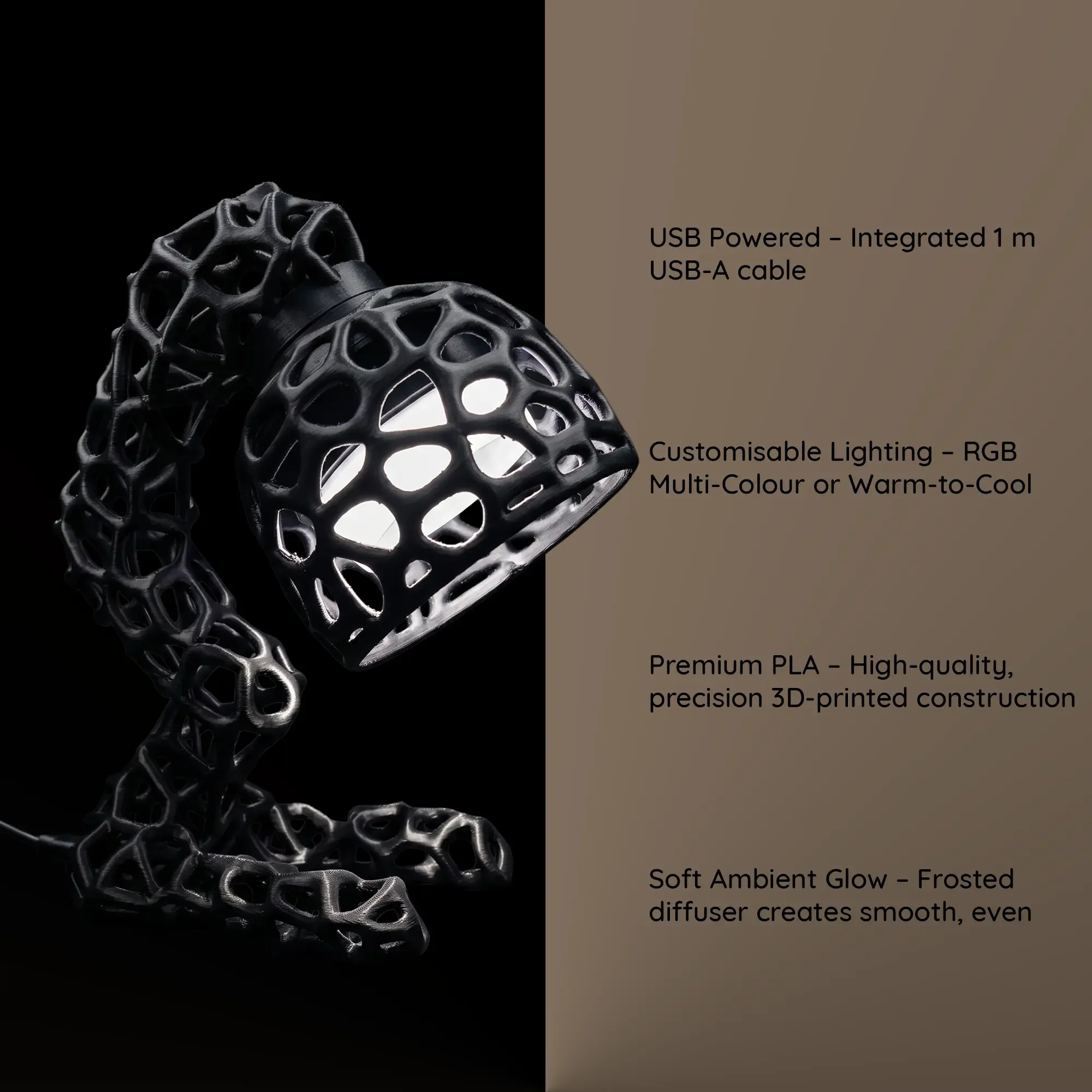 An infographic featuring the tall, black 3D-printed organic lattice lamp illuminated with warm light against a split black and beige background