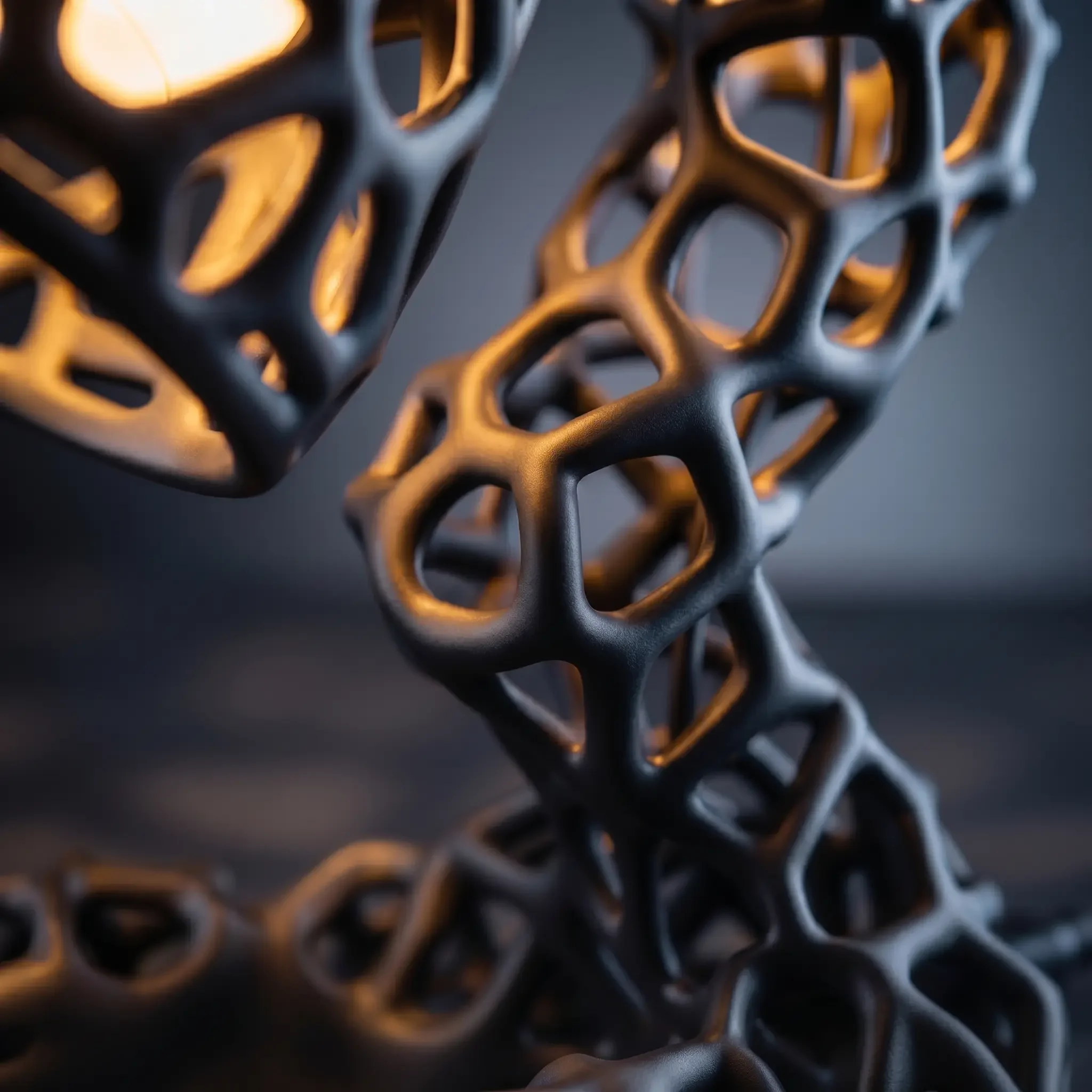 Close-up showing the smooth, webbed layers of a black 3D-printed organic lattice lamp structure with an internal warm glow.
