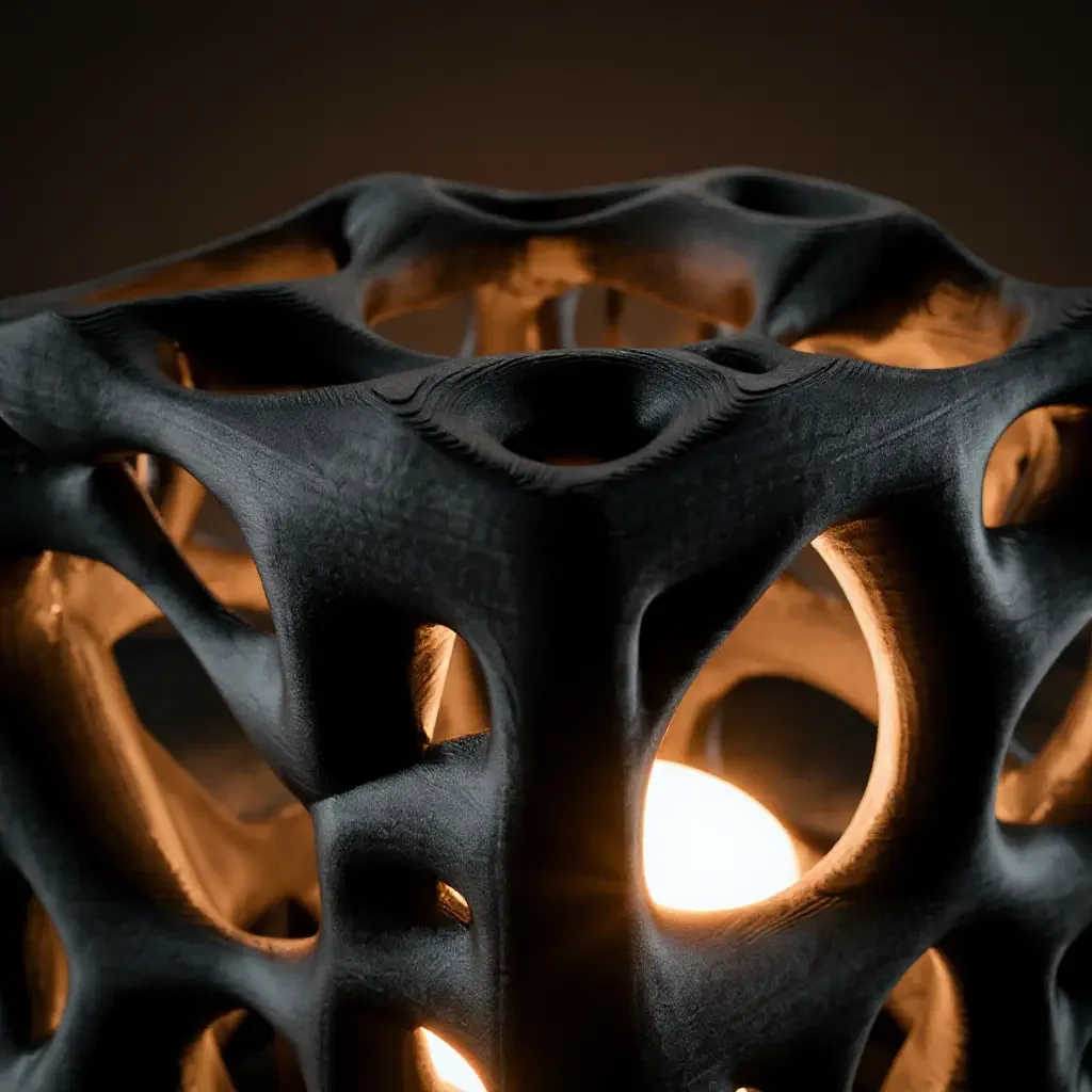 A black cube-shaped desk lamp with smooth organic openings surrounding a warm glowing light source.webp
