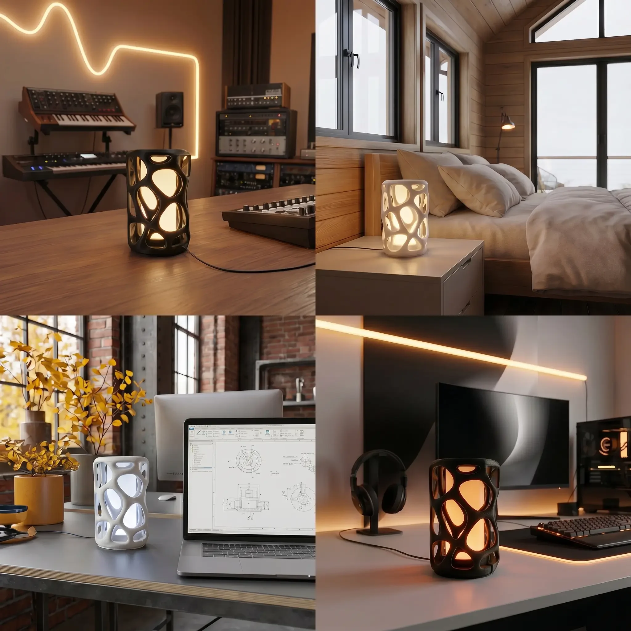 A four-panel photo grid showcasing the 3D-printed lattice lamp in a music studio, bedroom, office, and gaming setup.
