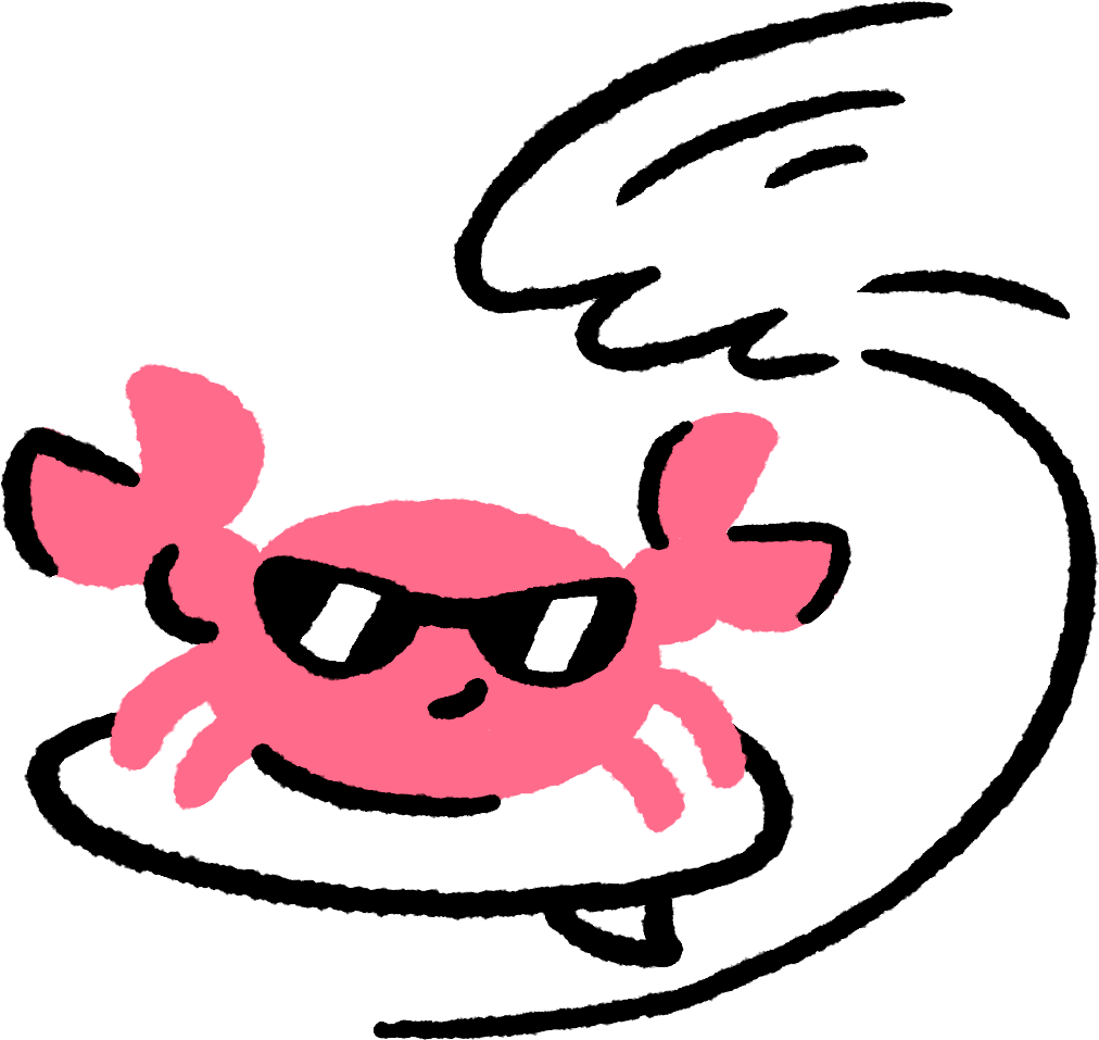 A sketch of a crab wearing sunglasses on a surfboard