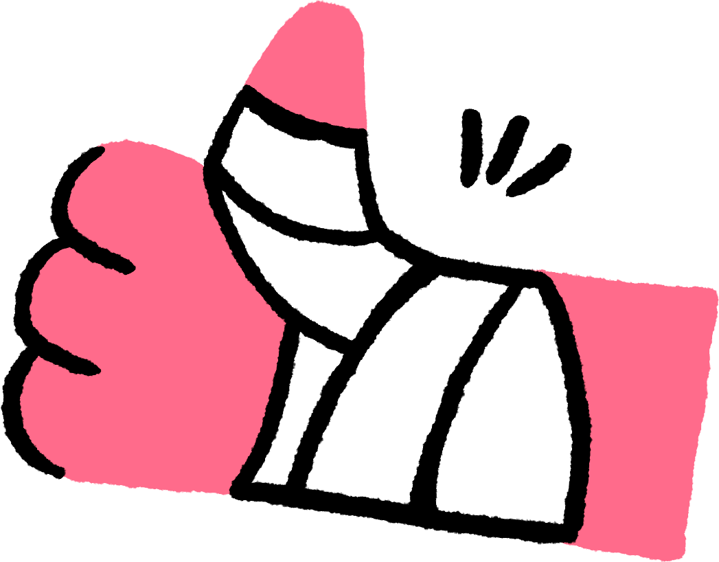 A sketch of a hand in a cast giving a thumbs up