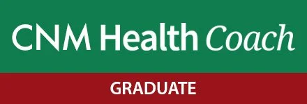 CNM Health Coach Graduate logo with green and red sections and white text.
