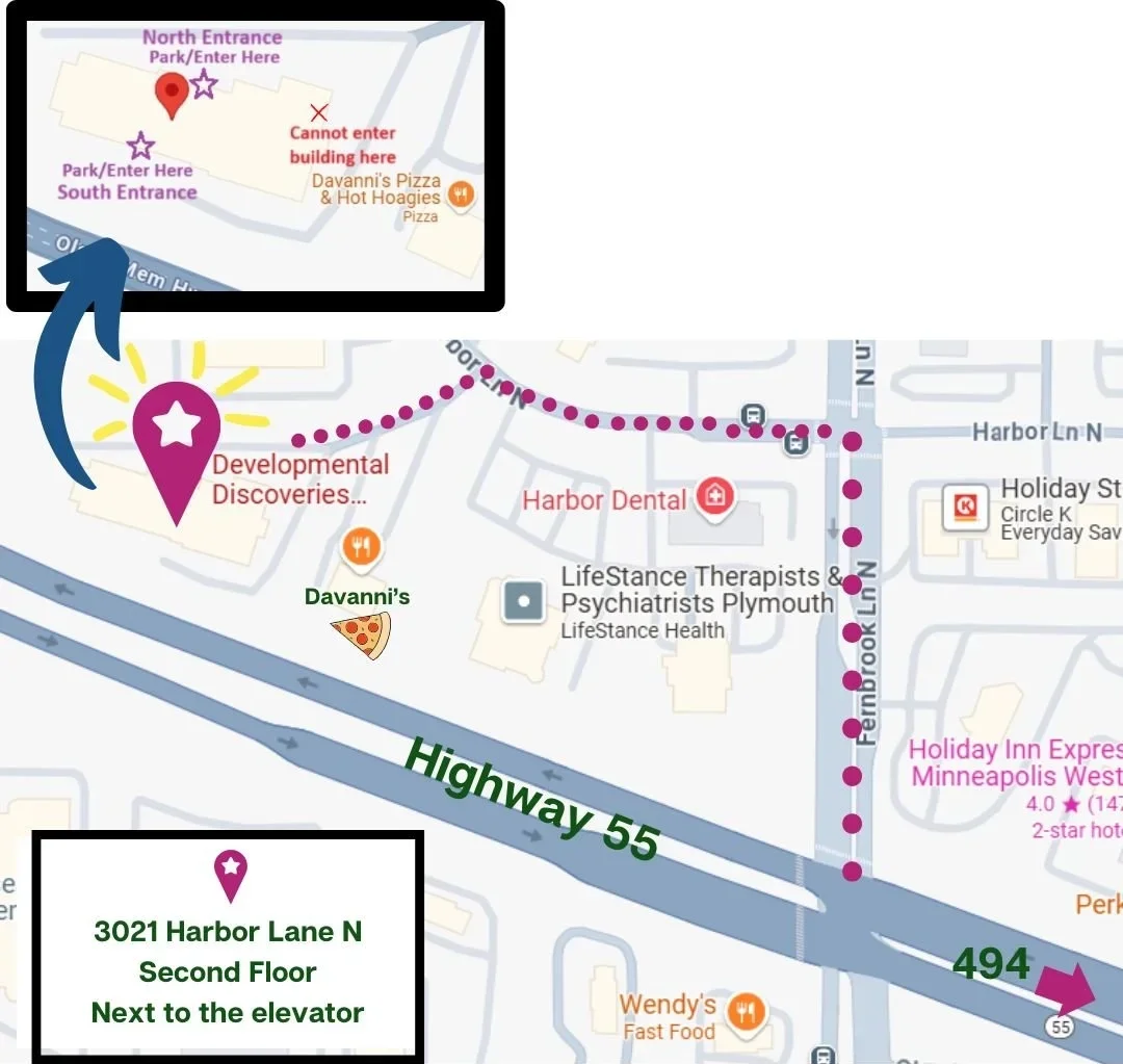 Map and parking directions to a pediatric neuropsychology private practice at 3021 Harbor Lane N, showing building entrances and nearby landmarks.