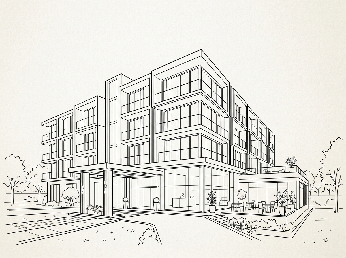 Line drawing of a modern multi-story apartment building with balconies, large windows, and surrounding landscaping including trees and plants.