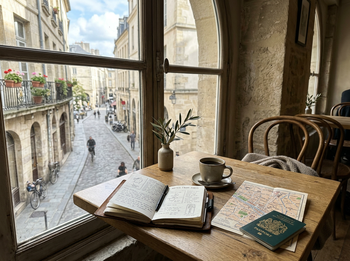 A cozy cafe table near a window overlooking a Parisian street, with a notebook, a map, a cup of coffee, and a small plant on the table.