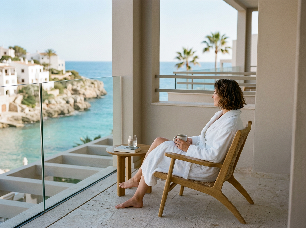 Woman in a white bathrobe sitting on a wooden lounge chair on a balcony, holding a mug, overlooking a beach with white buildings, palm trees, and the ocean in the background.