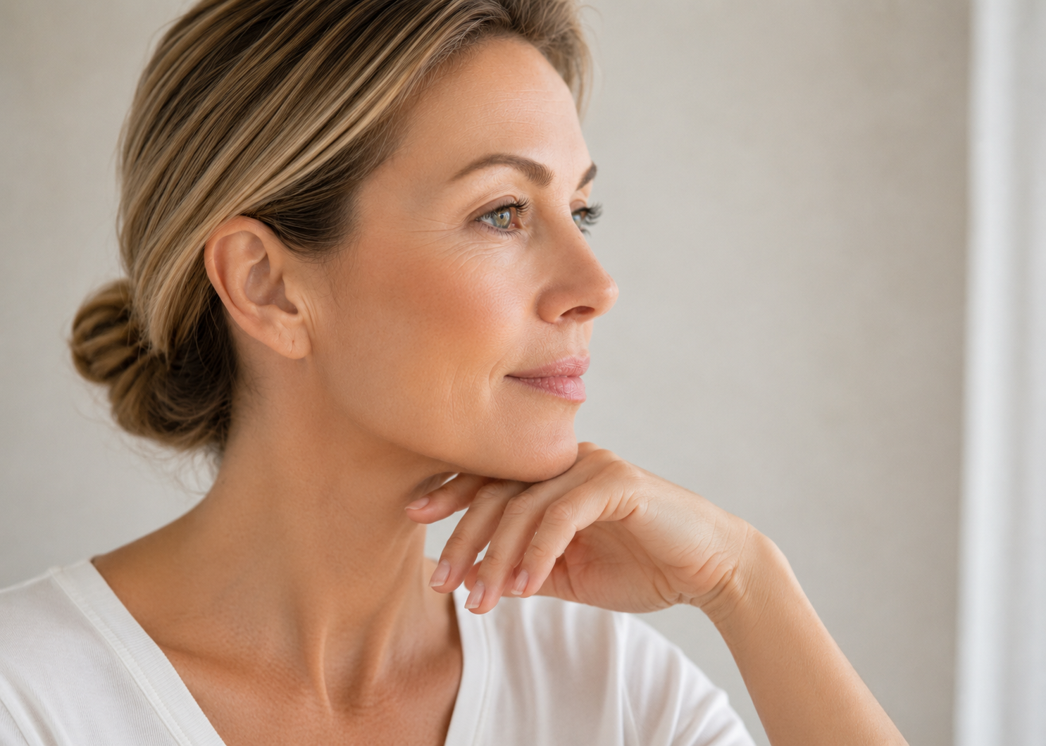 Close-up side-profile of a thoughtful middle-aged woman with blonde hair tied in a bun, resting her chin on her hand, wearing a white shirt, indoors with neutral background.