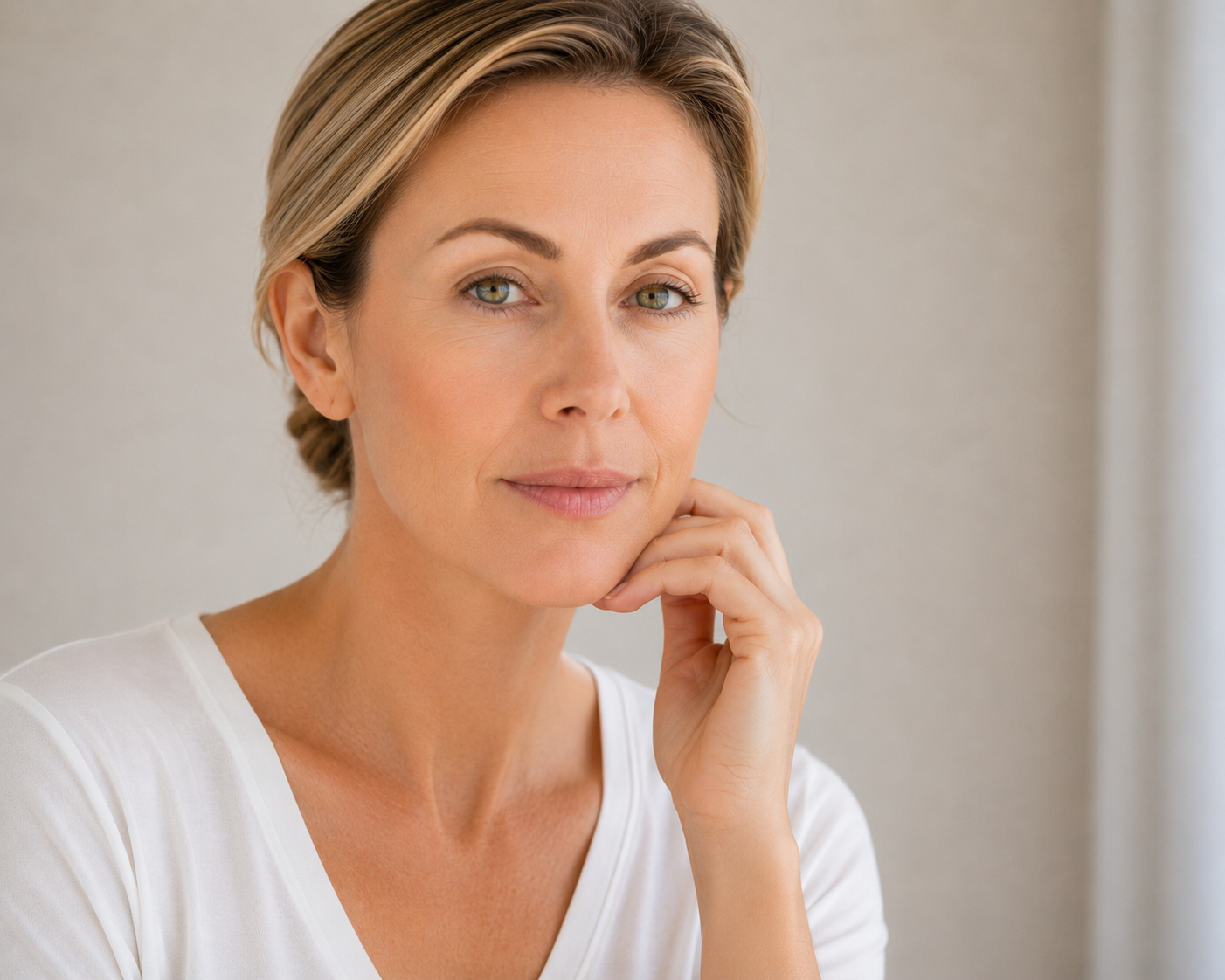 A woman with short blonde hair and natural makeup, resting her chin on her hand, looking softly at the camera.