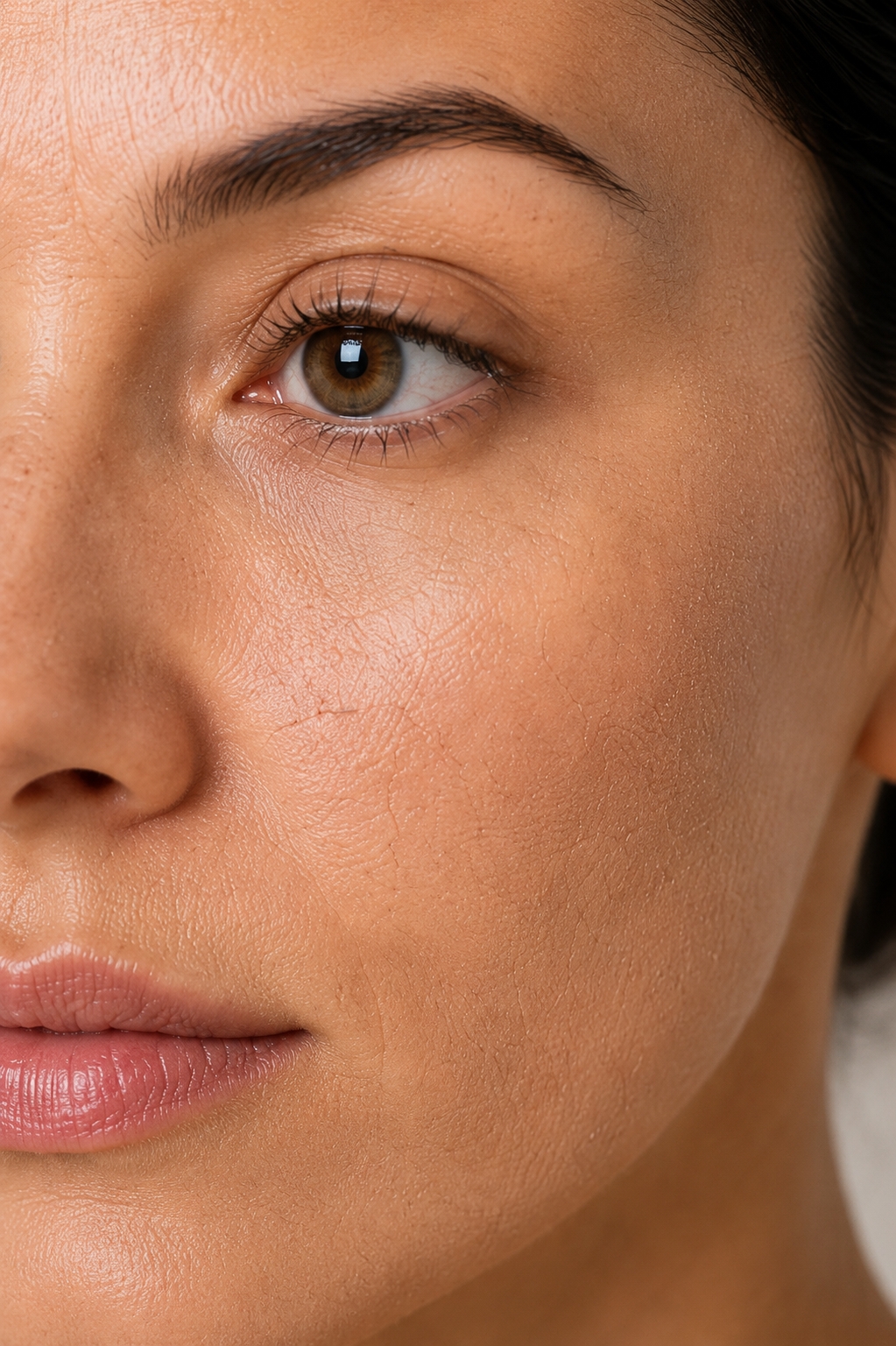 Close-up of a woman's face, focusing on her eye and part of her cheek and lips, with detailed skin texture.