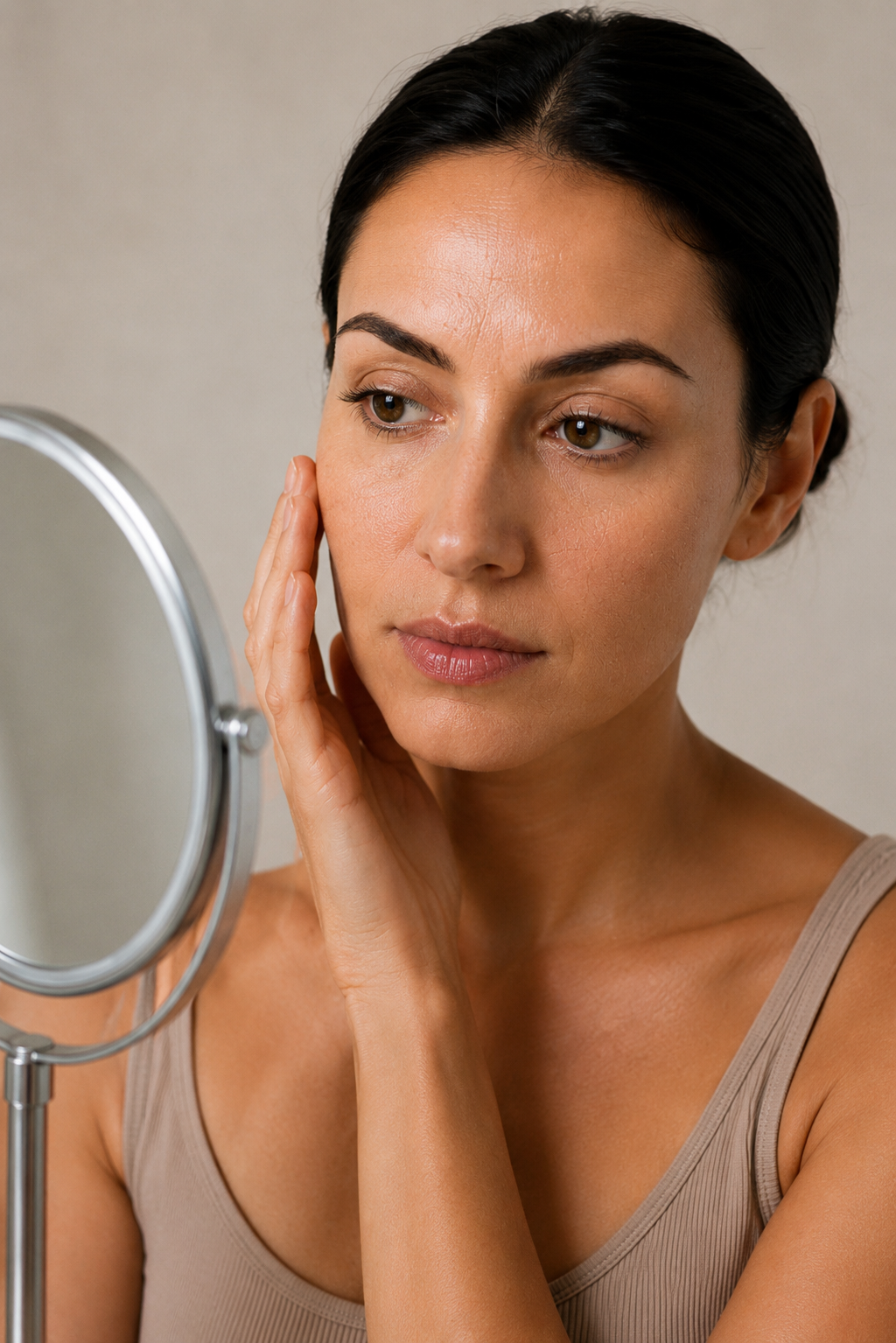 A woman with dark hair looking at herself in a mirror, touching her face gently.