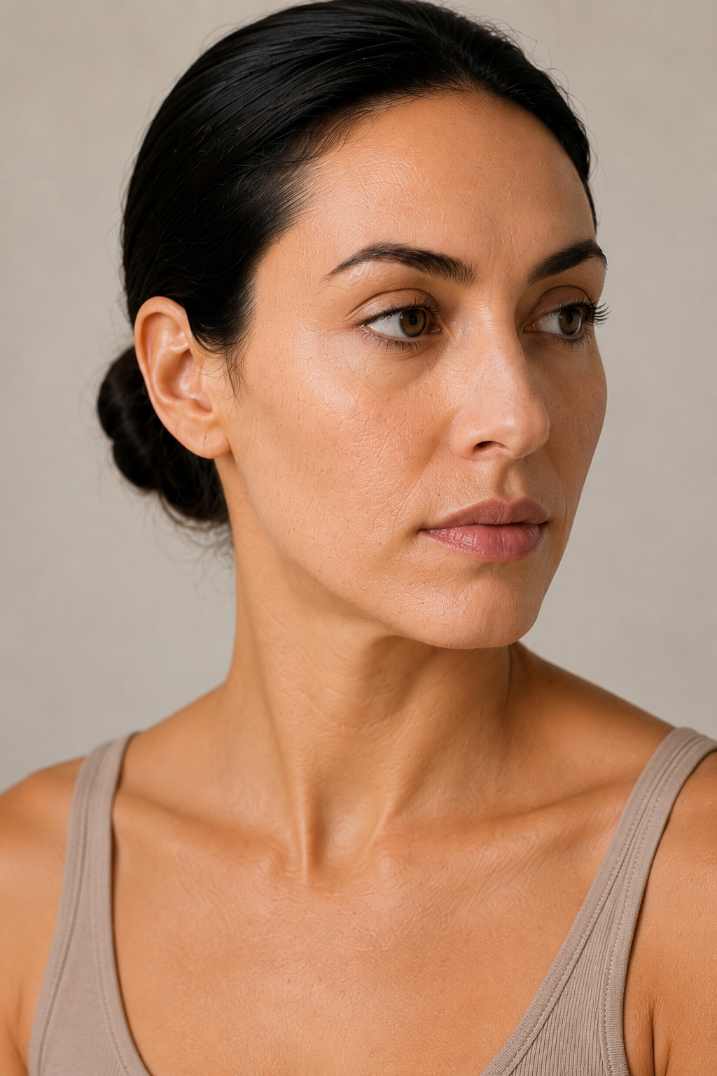 Close-up of a woman with dark hair in a bun, wearing a beige tank top, showing her face, neck, and shoulders.
