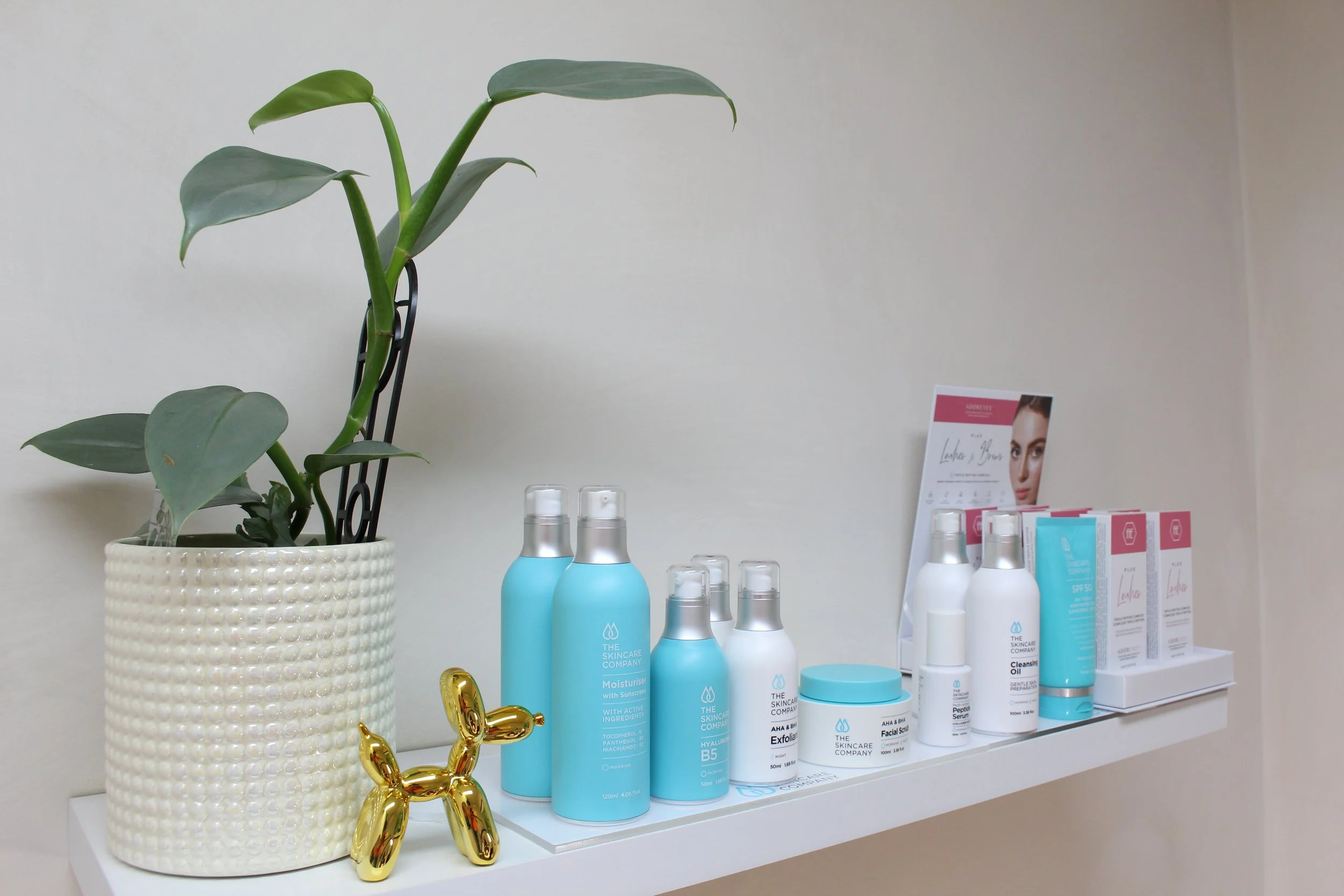 Display of skincare products including moisturizers and cleansers from The Skincare Company arranged on a white shelf, with a potted plant, a gold balloon animal, and a skincare brochure in the background.