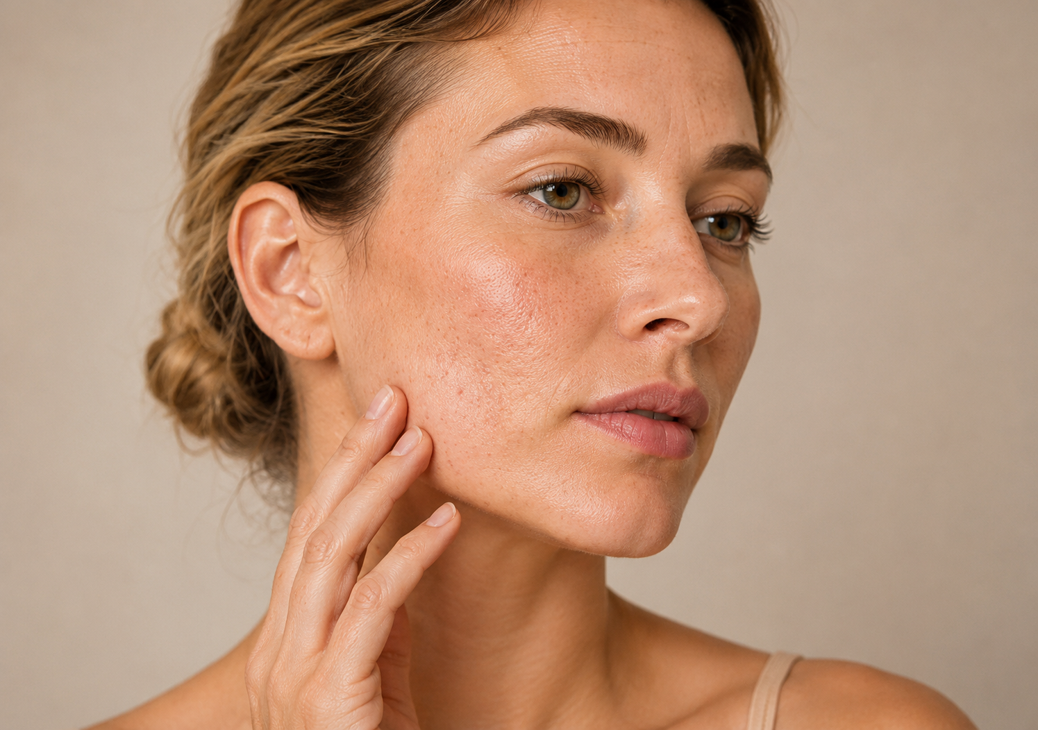 Woman touching her cheek and jawline
