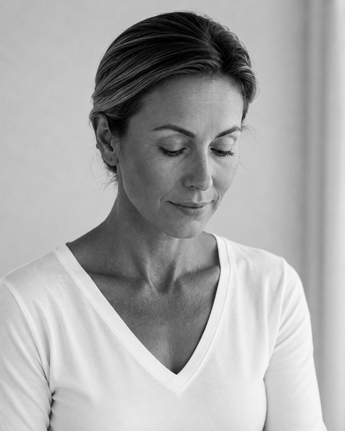 Black and white photo of a middle-aged woman with short hair looking downward with a gentle expression, wearing a V-neck shirt.