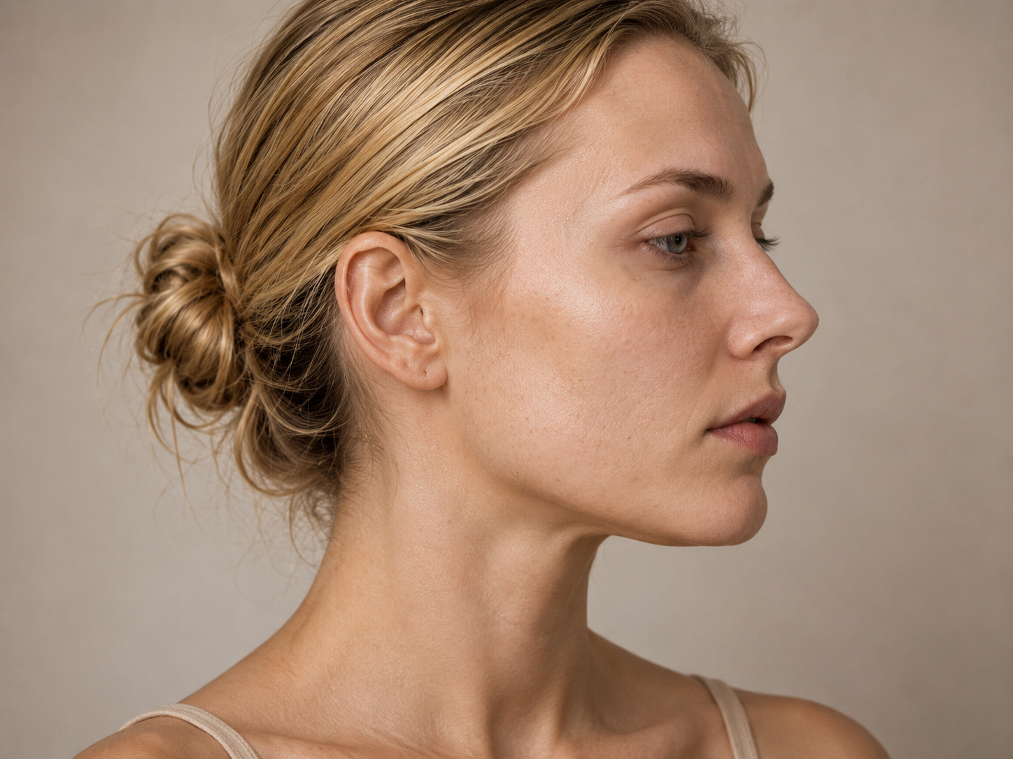 Side profile showing the jawline and neck