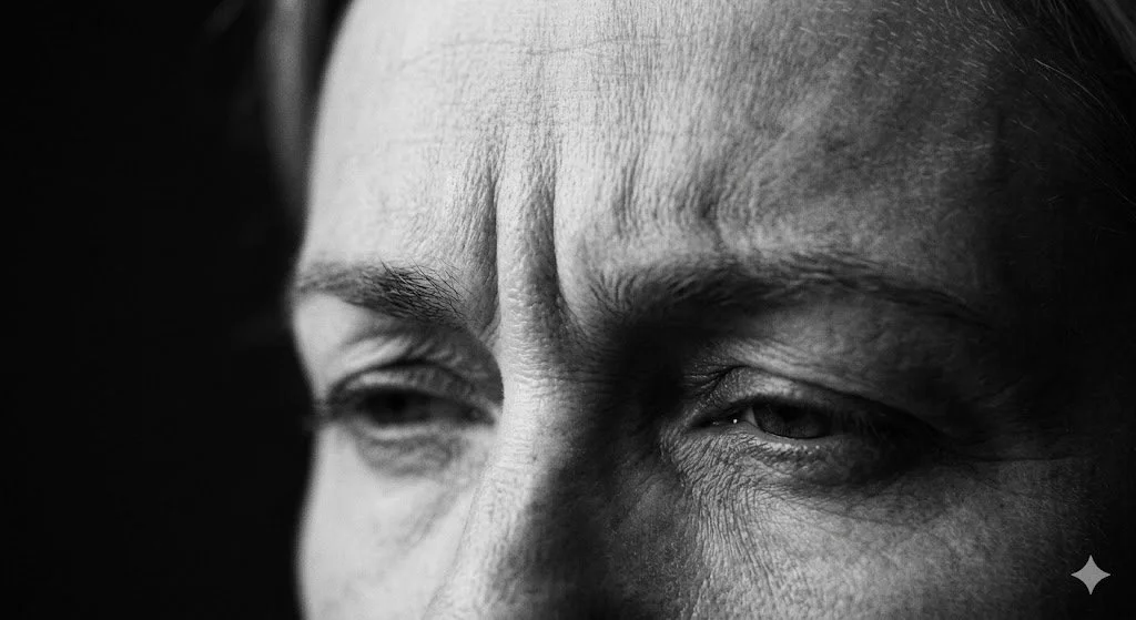 Close-up of eyes and forehead showing facial lines