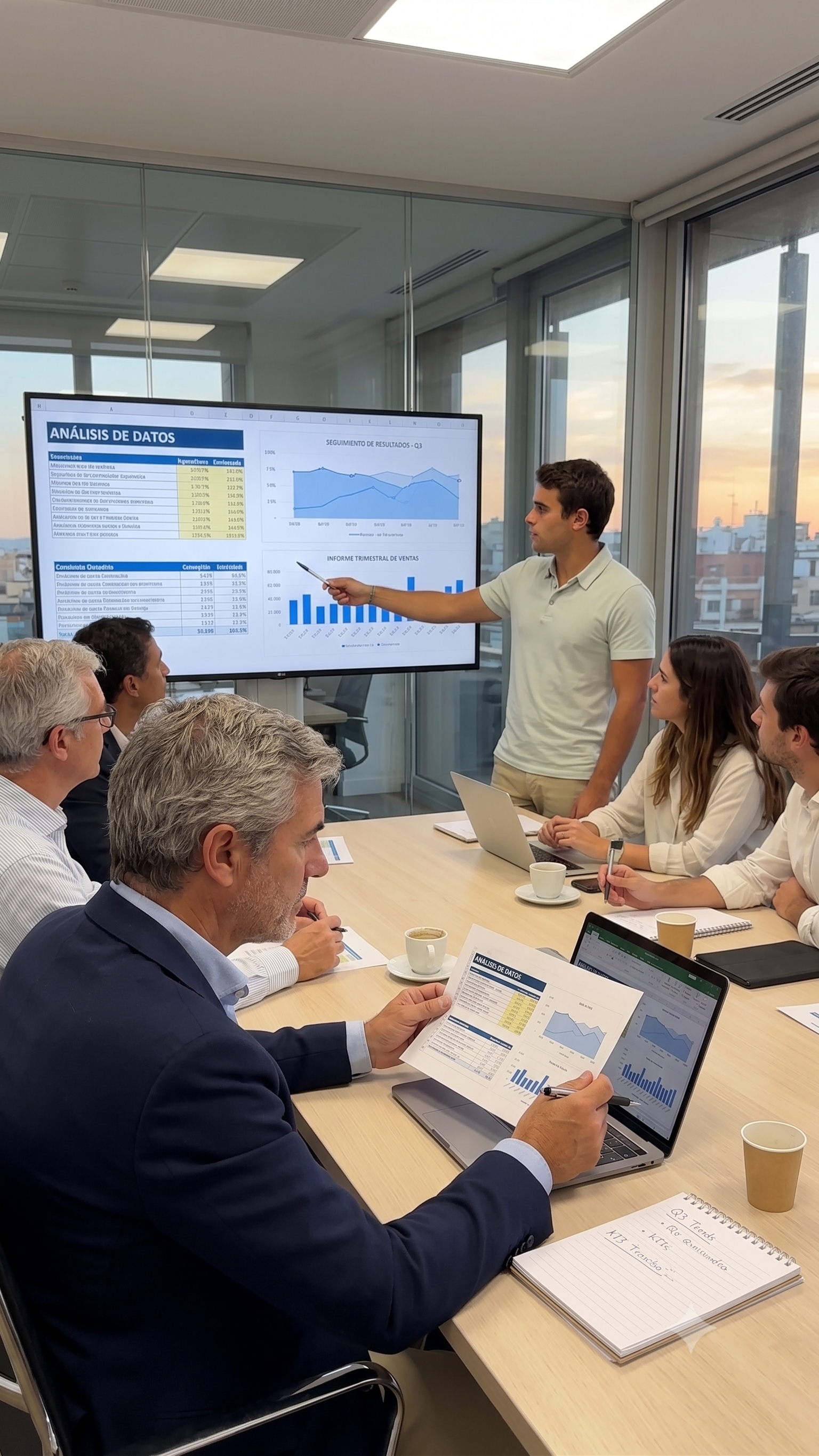 Reunión de negocios en una sala con varias personas revisando datos y gráficos en laptops, con una pantalla grande en la pared mostrando análisis de datos y resultados.