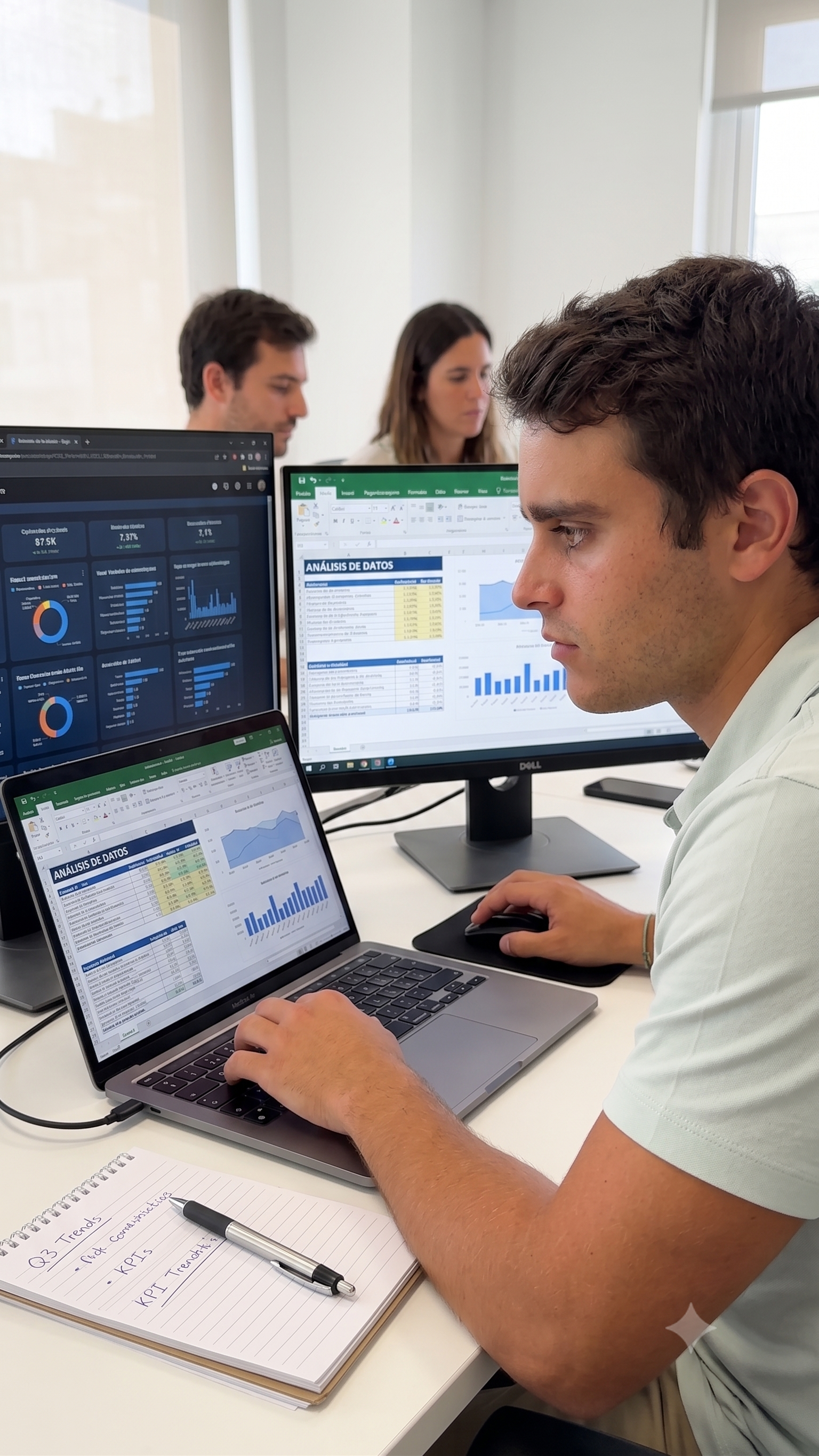 Joven trabajando en análisis de datos en laptop y monitores, con notas y gráficos