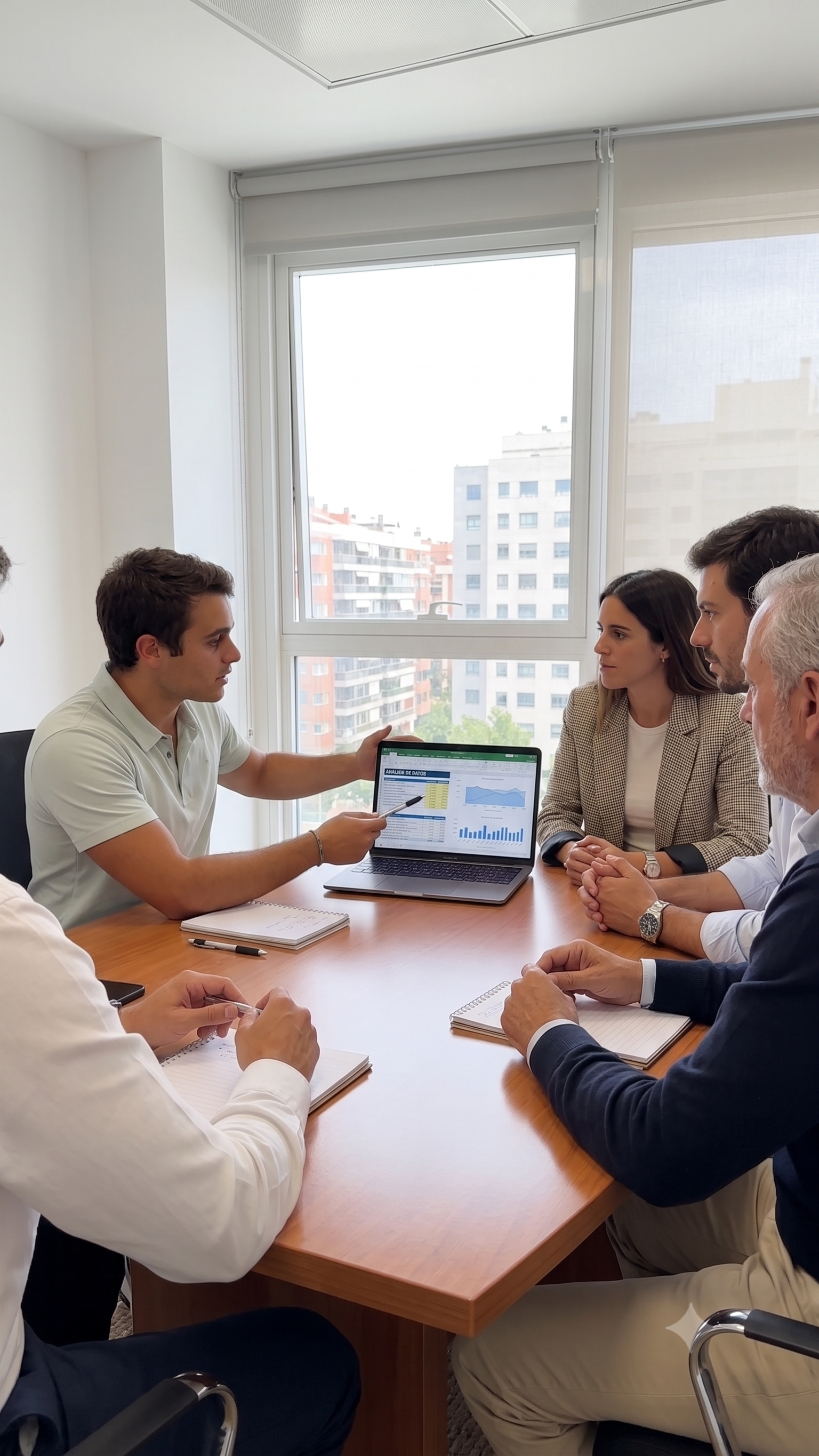 Grupo de personas en una reunión de negocios en una sala de conferencias, con un hombre presentando datos en una computadora portátil.