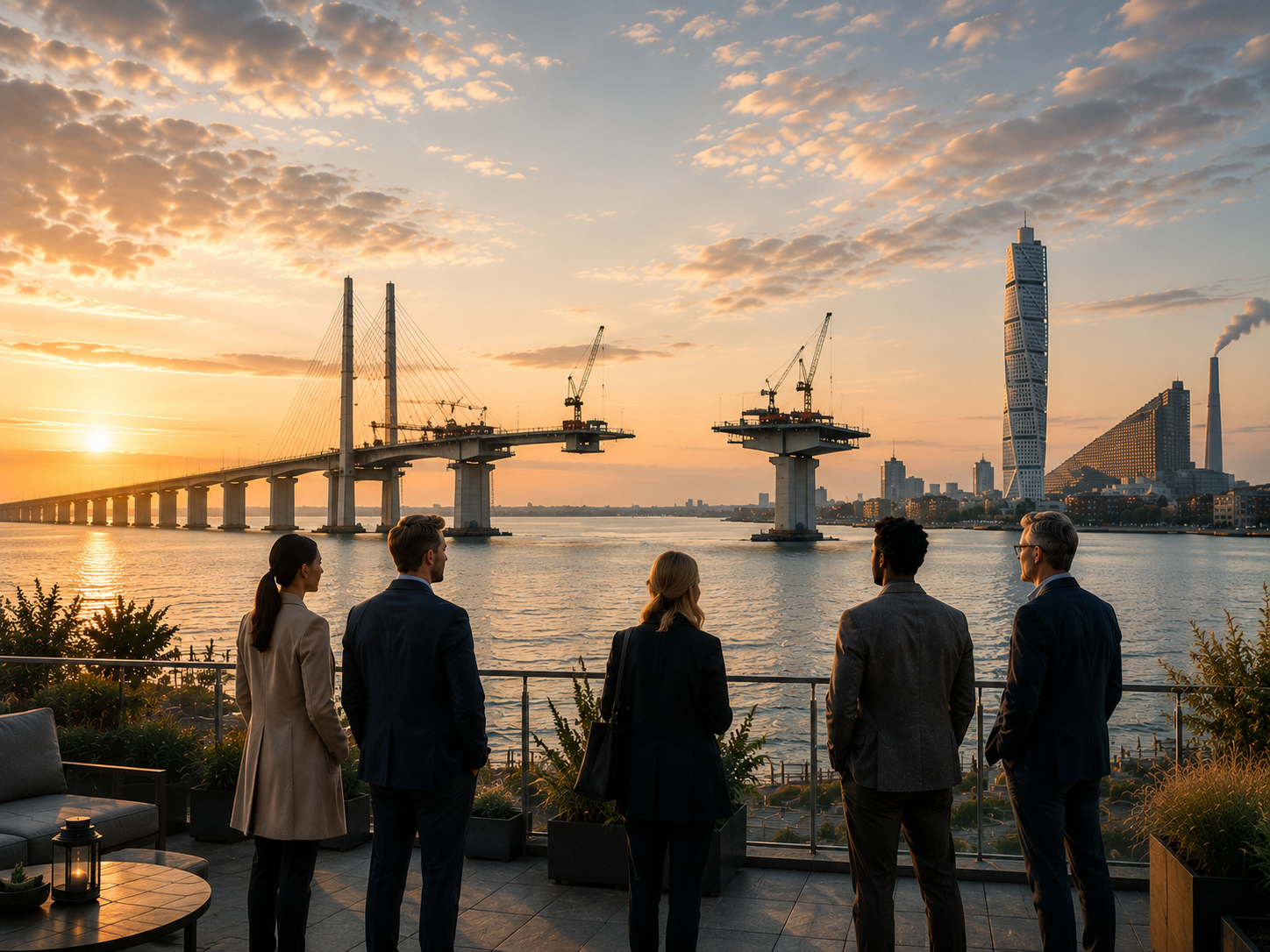 Five businesspeople in formal attire standing on a terrace overlooking a river at sunset, with a bridge under construction, modern skyscrapers, and a city skyline in the background.