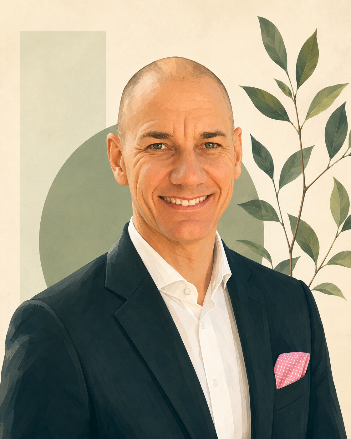 A smiling middle-aged man in a suit with a pink polka dot pocket square, standing in front of a beige wall with green geometric shapes and a leafy plant.