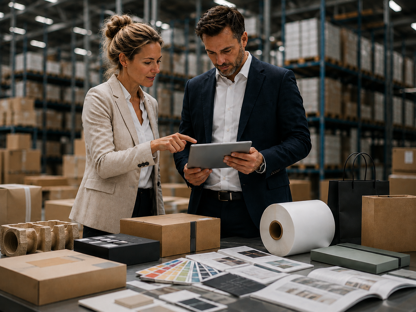 Two business professionals, a woman and a man, discussing work on a tablet in a warehouse surrounded by packaging materials, color swatches, and design catalogs.