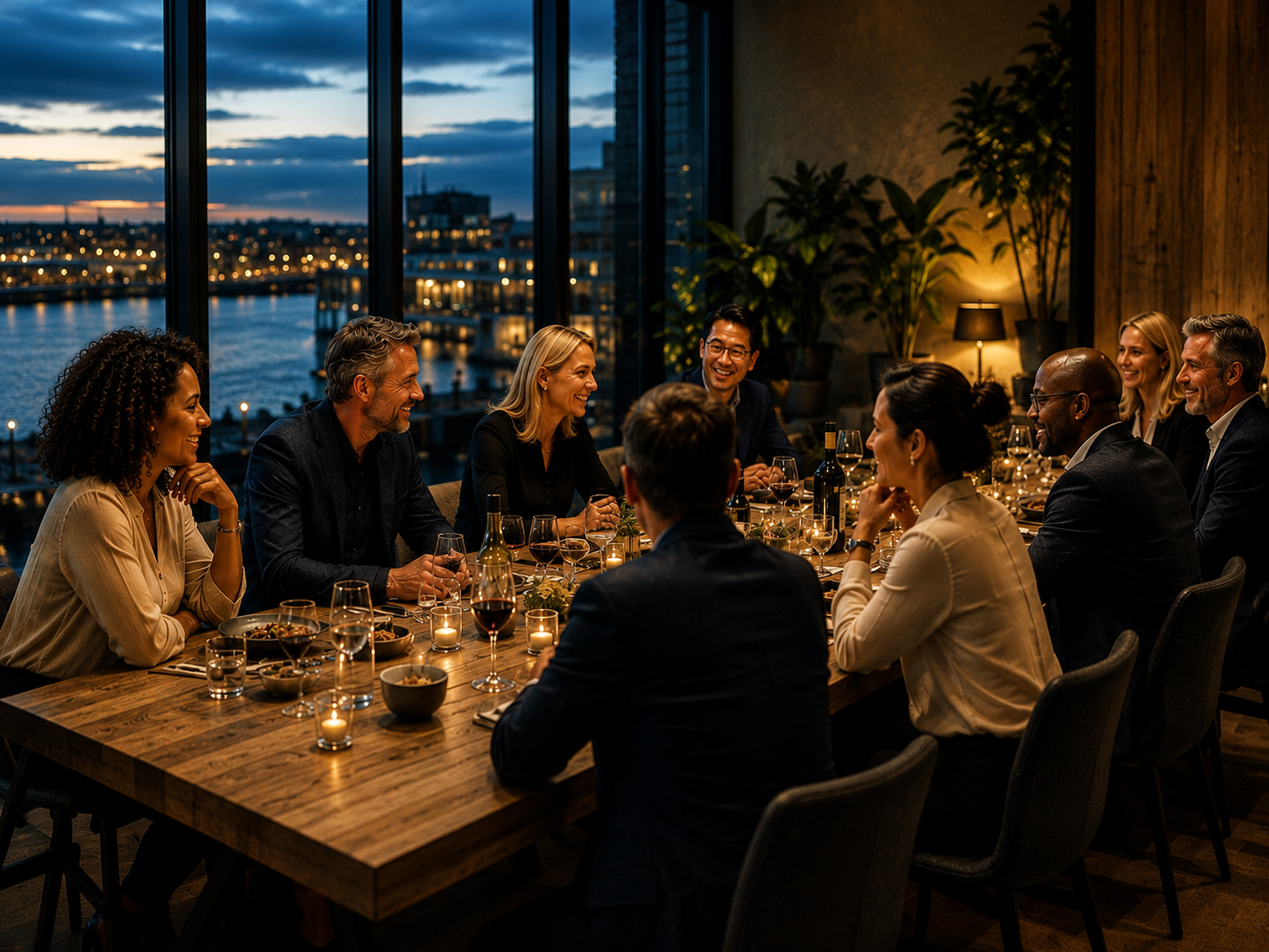 A group of people having a dinner party in a restaurant with large windows showing a cityscape at night, with water and boats visible outside.