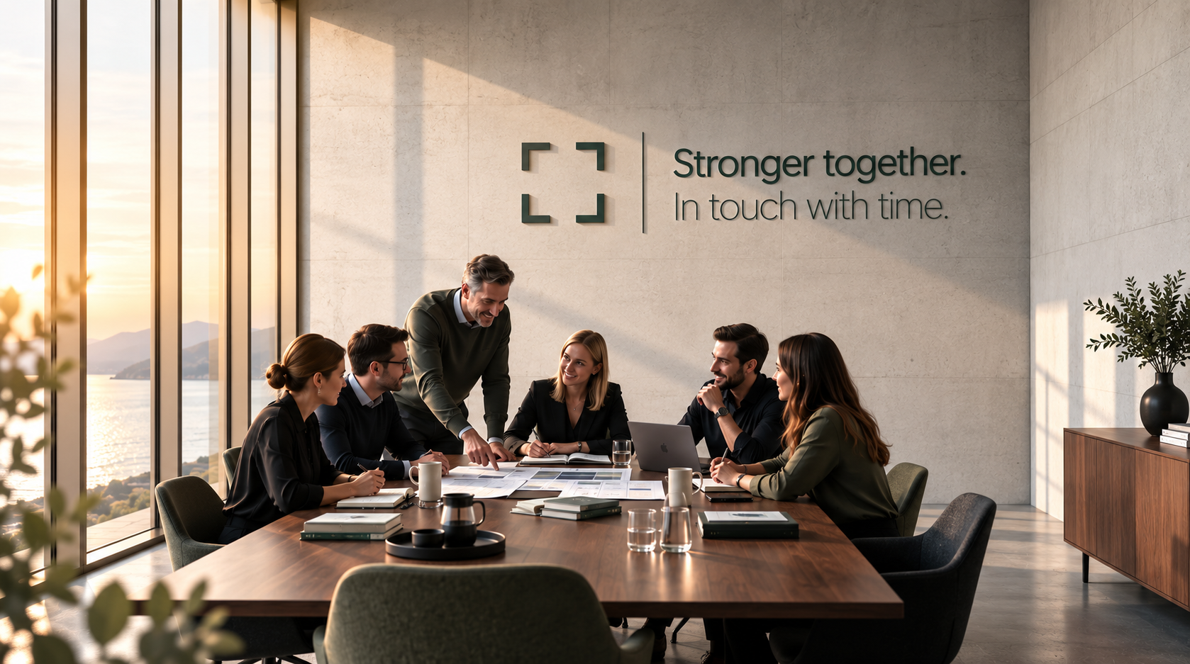 Business meeting in a bright office with large windows overlooking a body of water and mountains, with six people seated around a table, one man standing and pointing at documents, smiling, while others listen and take notes. The wall displays a sign that says, 'Stronger together. In touch with time.'