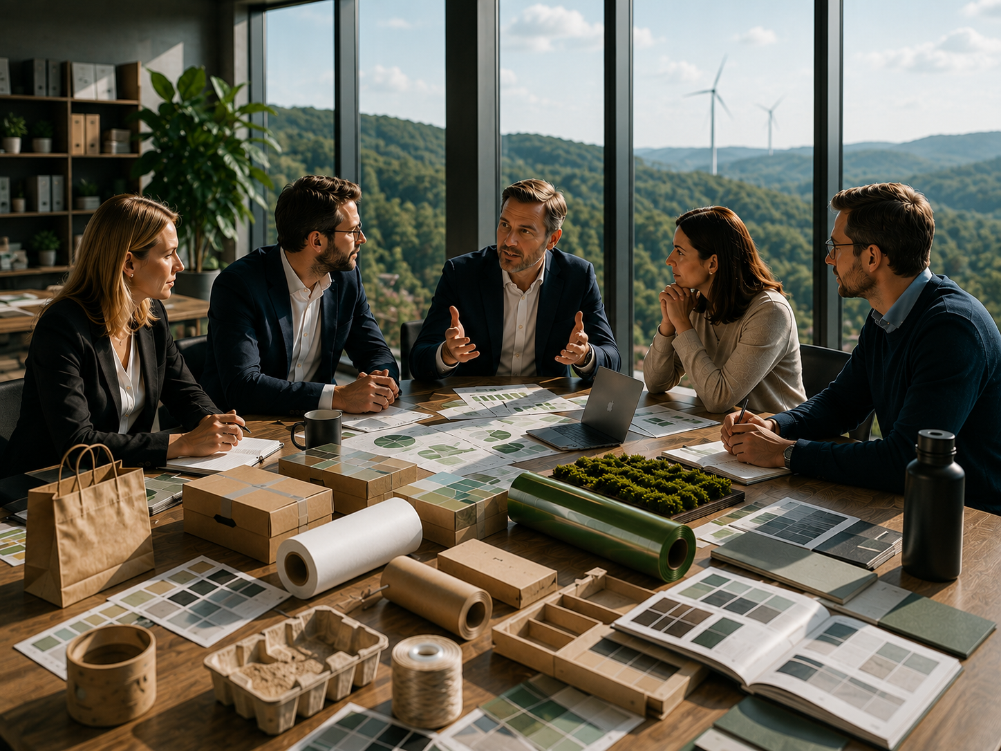 Five people in business attire having a meeting in a modern office with large windows and a scenic outdoor view, surrounded by various color swatches, design samples, and office supplies on the table.