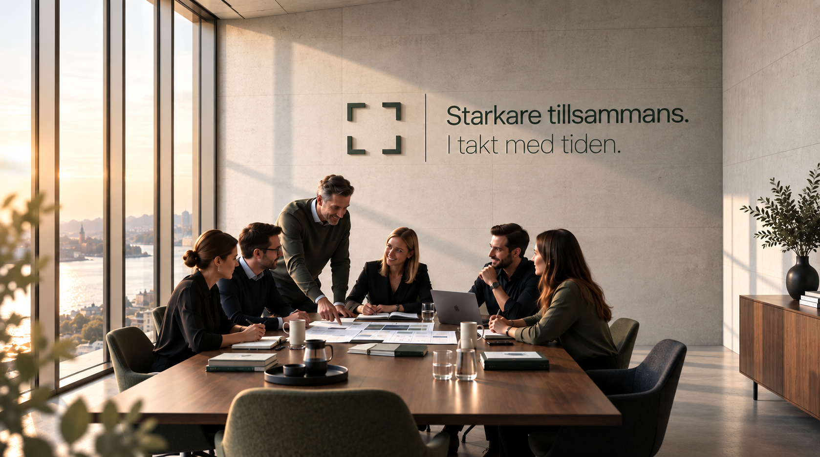 A group of people in a business meeting around a wooden conference table in a modern office with large windows showing a city view and sunset. They are engaged in discussion, with some taking notes or using laptops. A man stands, leaning over the table, smiling, while others listen attentively. On the wall, there is a sign with Swedish text that reads, "Starkare tillsammans. I takt med tiden."