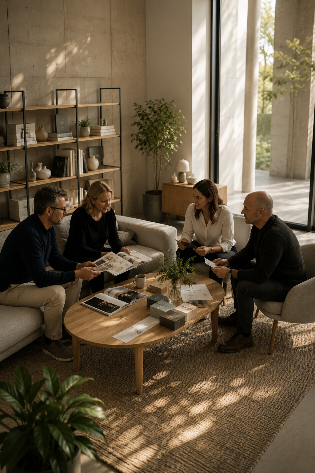 A group of four people sitting on sofas around a wooden coffee table having a meeting in a modern, well-lit office or lounge space with large windows and decorative shelving.