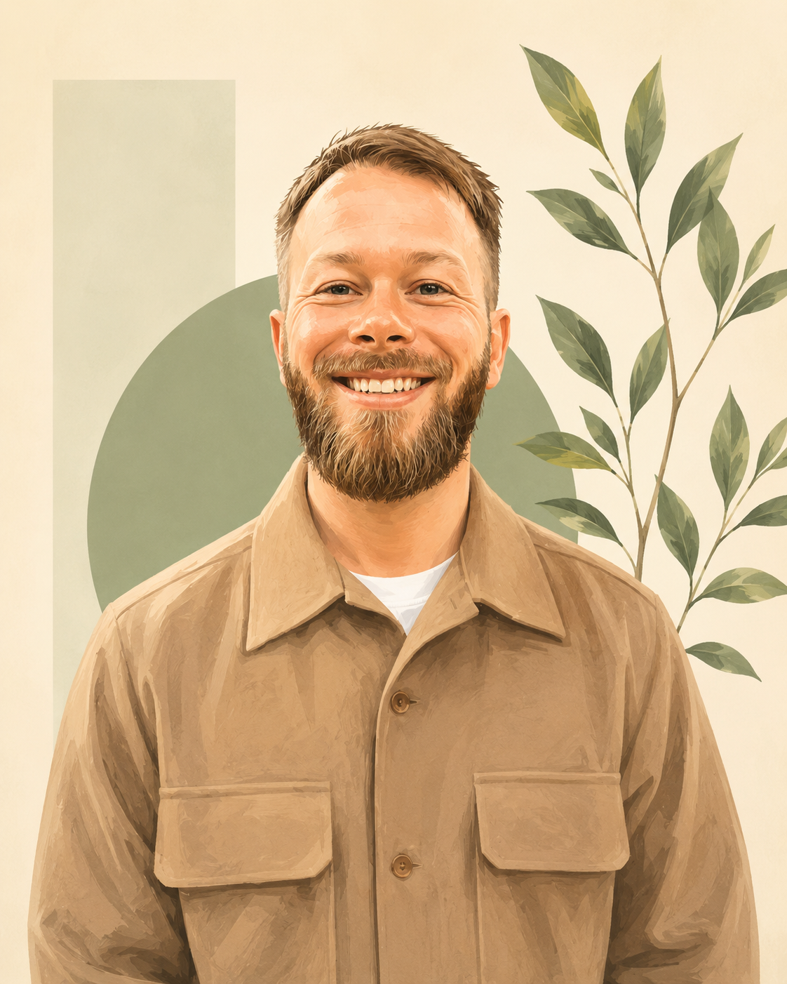 A man with a beard smiling, wearing a tan jacket, standing in front of a light background with green abstract shapes and a leafy branch.