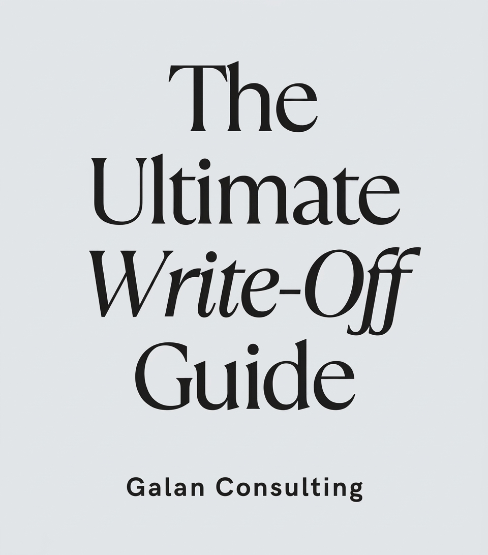 Book cover titled 'The Ultimate Write-Off Guide' by Galan Consulting with a plain, light gray background and black text.