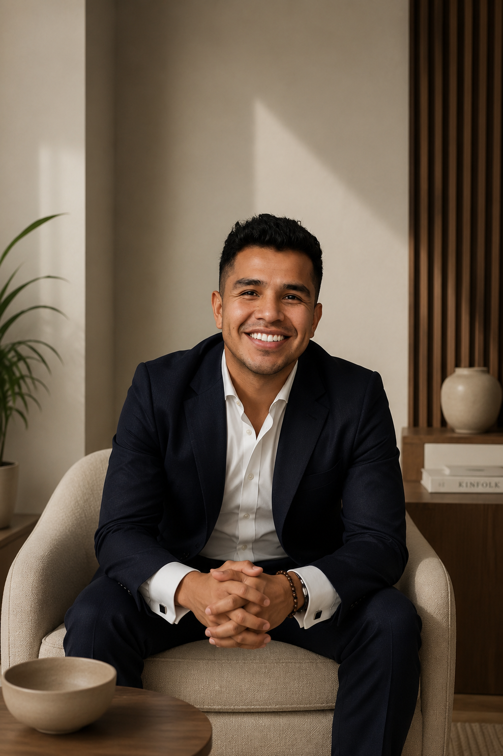 Professional portrait of a man in a dark suit and white shirt seated in an armchair in a modern interior.