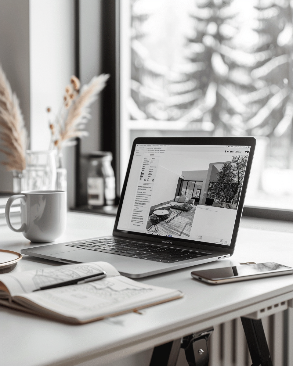 Laptop displaying a contemporary living room interior design on a desk.